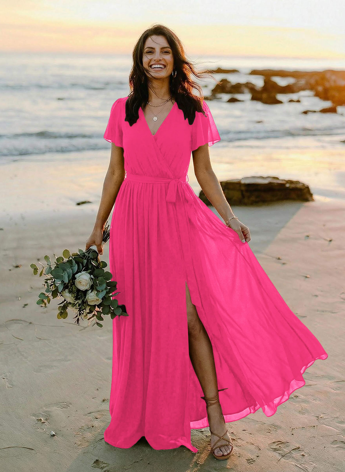 A-Line V-Neck Short Sleeves Chiffon Floor-Length Bridesmaid Dresses With Bow(s), product image 74