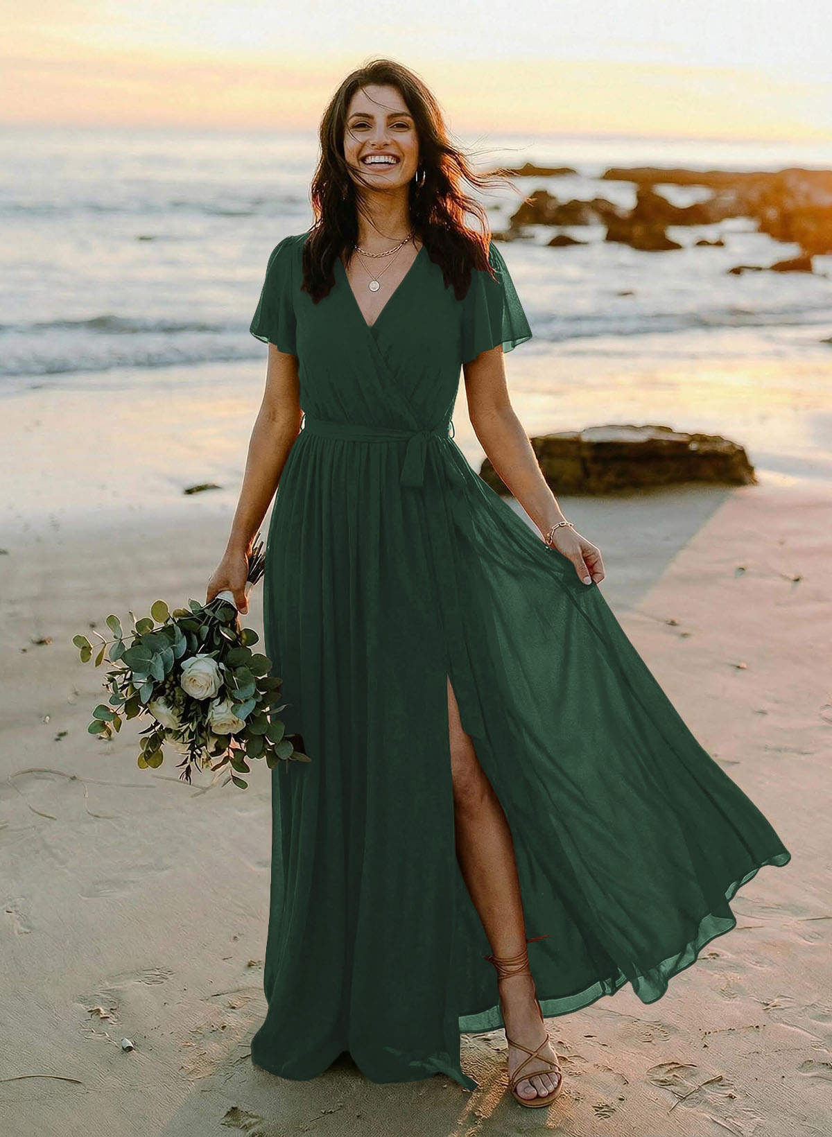 A-Line V-Neck Short Sleeves Chiffon Floor-Length Bridesmaid Dresses With Bow(s), product image 82