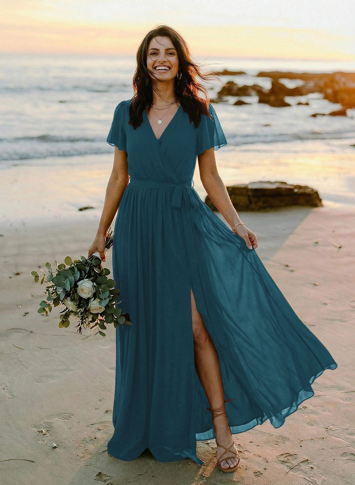 A-Line V-Neck Short Sleeves Chiffon Floor-Length Bridesmaid Dresses With Bow(s), product image 14