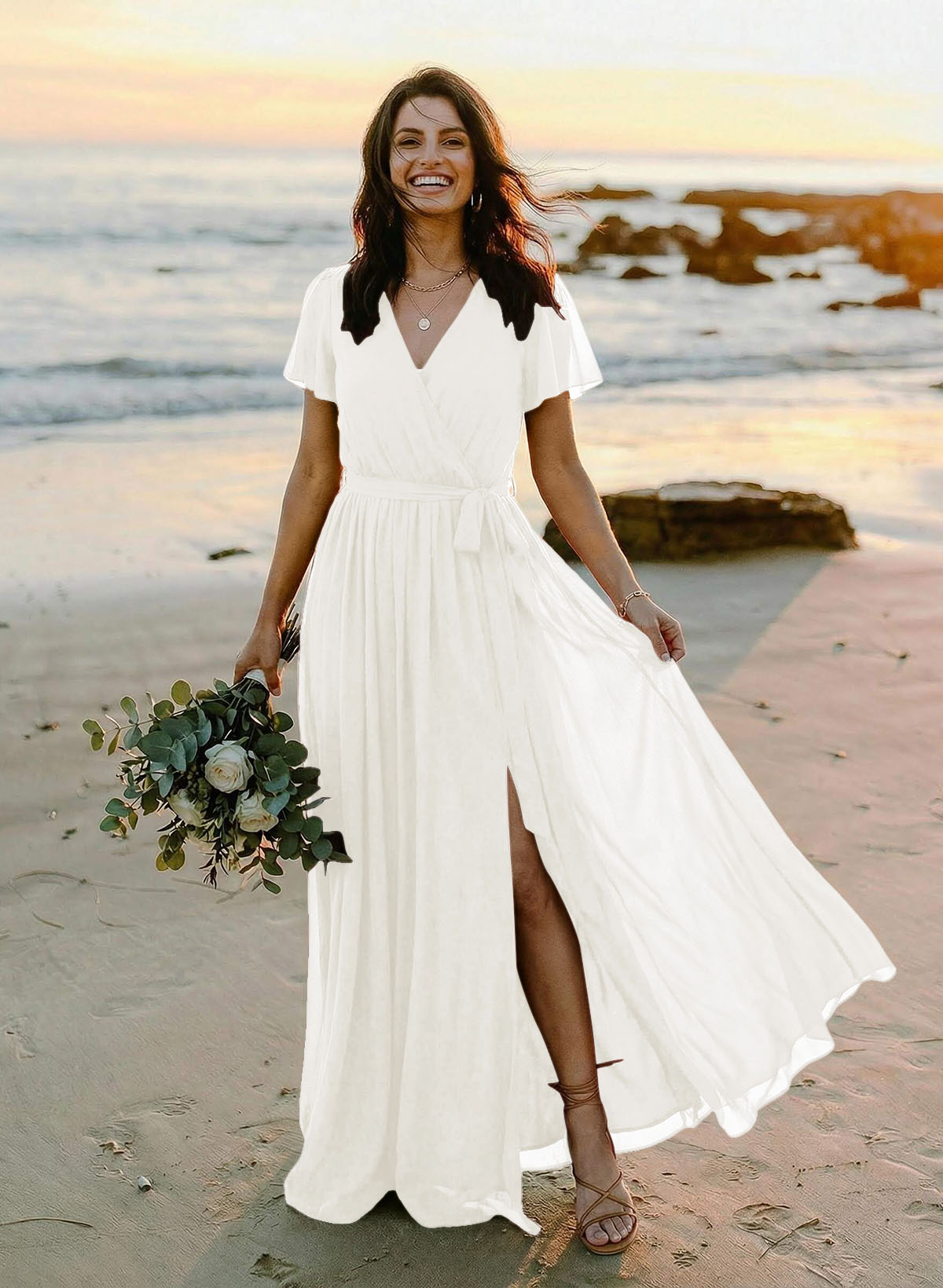 A-Line V-Neck Short Sleeves Chiffon Floor-Length Bridesmaid Dresses With Bow(s), product image 110
