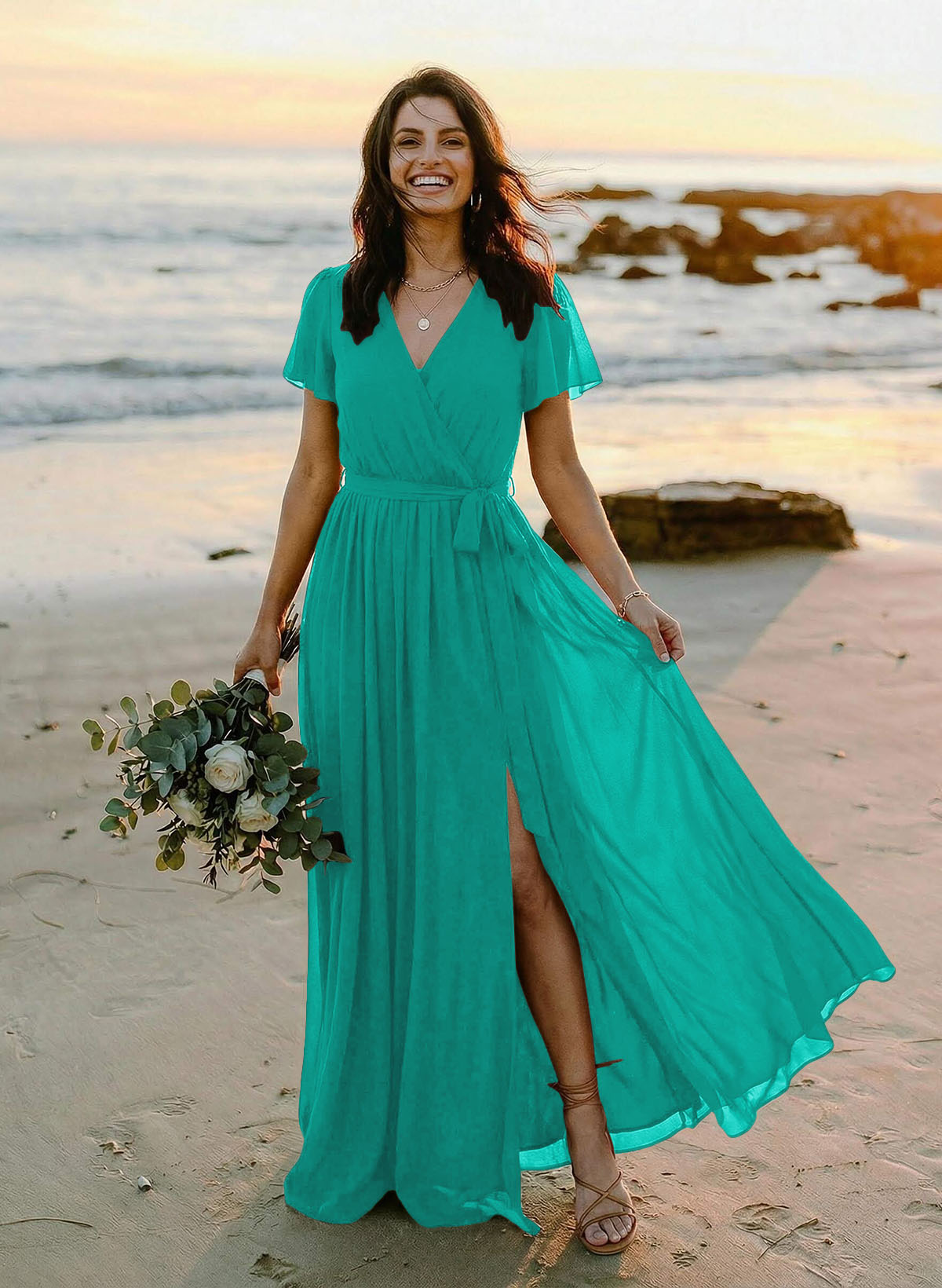 A-Line V-Neck Short Sleeves Chiffon Floor-Length Bridesmaid Dresses With Bow(s), product image 86