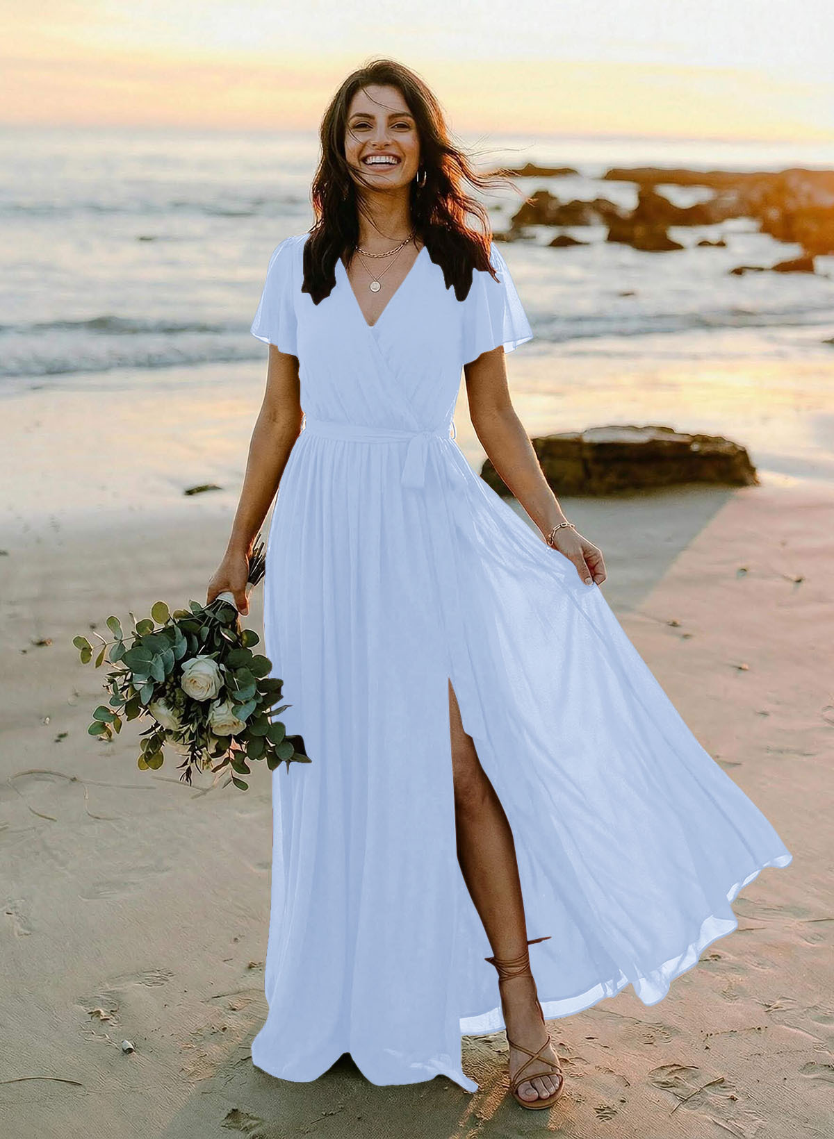 A-Line V-Neck Short Sleeves Chiffon Floor-Length Bridesmaid Dresses With Bow(s), product image 64