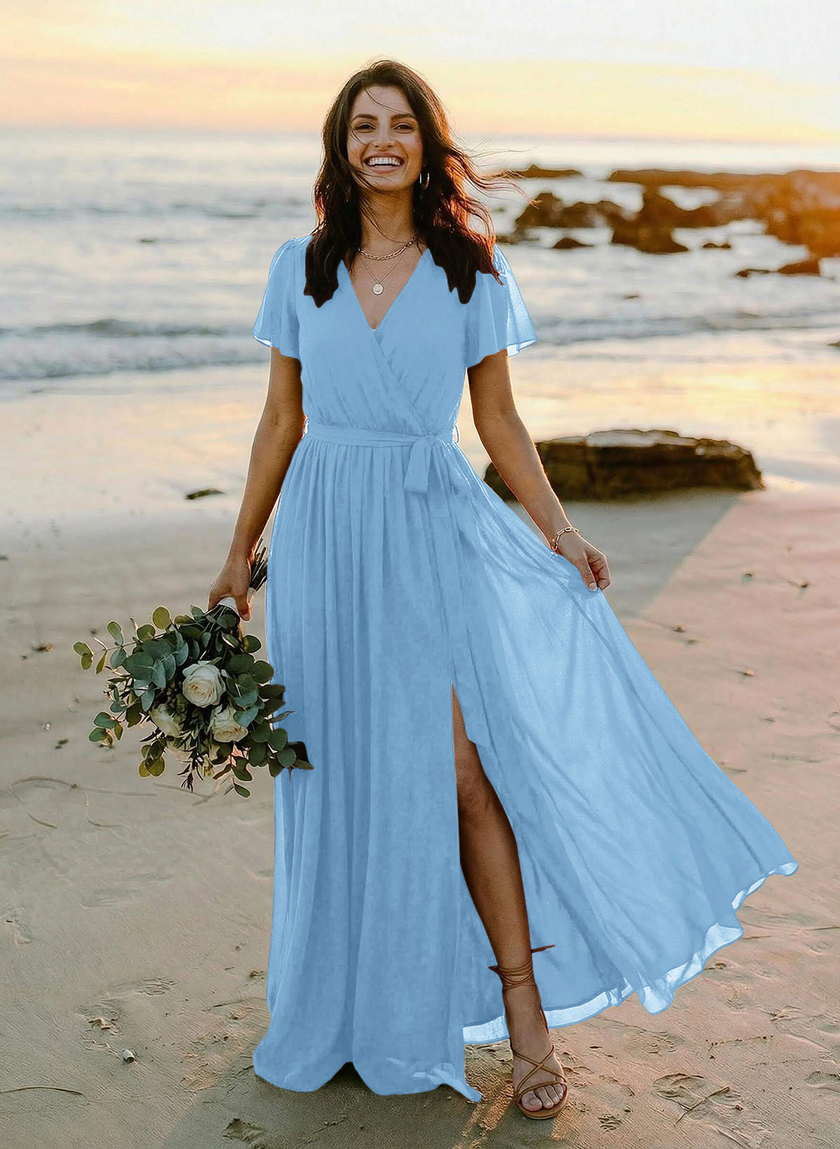 A-Line V-Neck Short Sleeves Chiffon Floor-Length Bridesmaid Dresses With Bow(s), product image 22