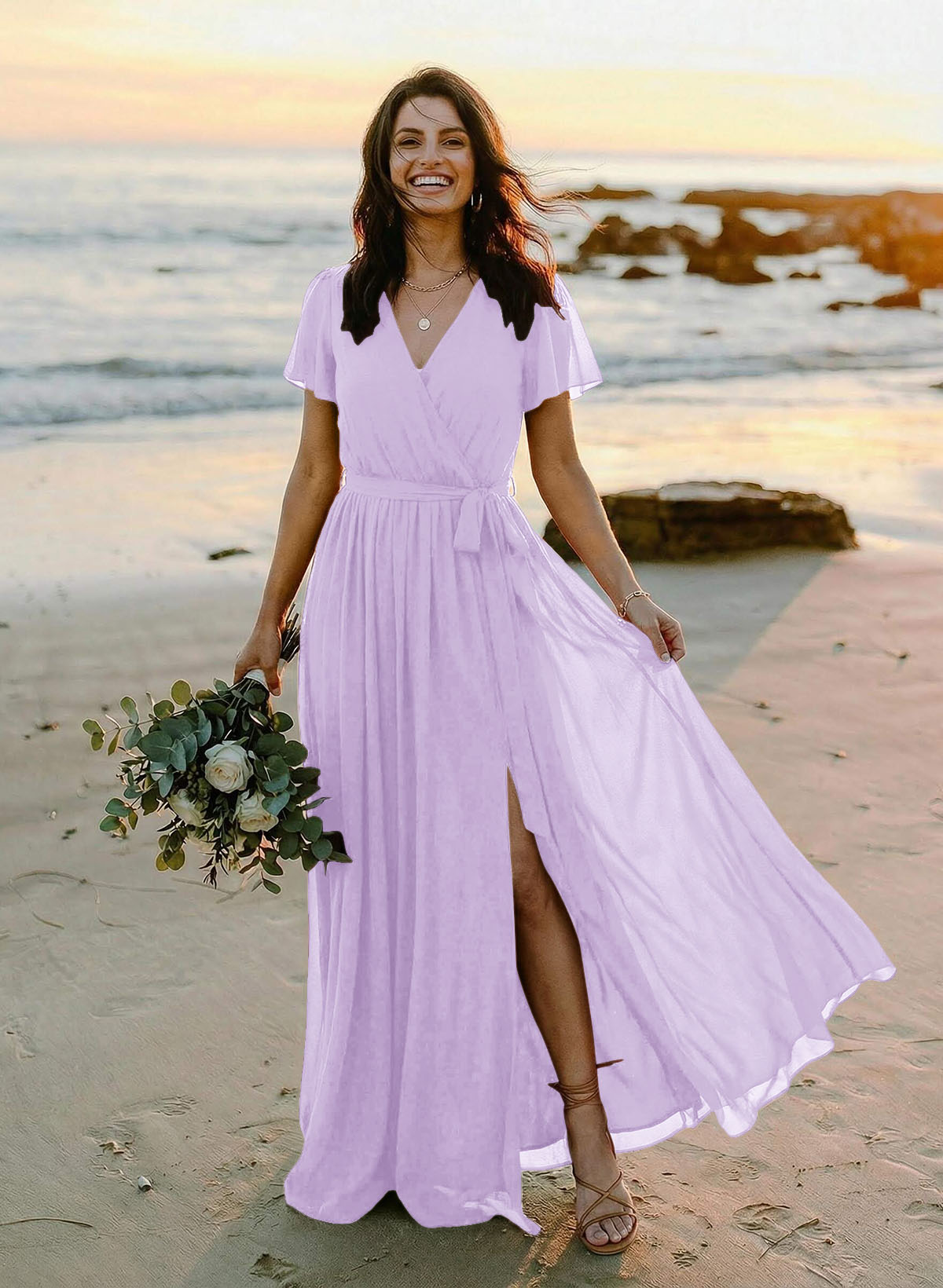 A-Line V-Neck Short Sleeves Chiffon Floor-Length Bridesmaid Dresses With Bow(s), product image 62