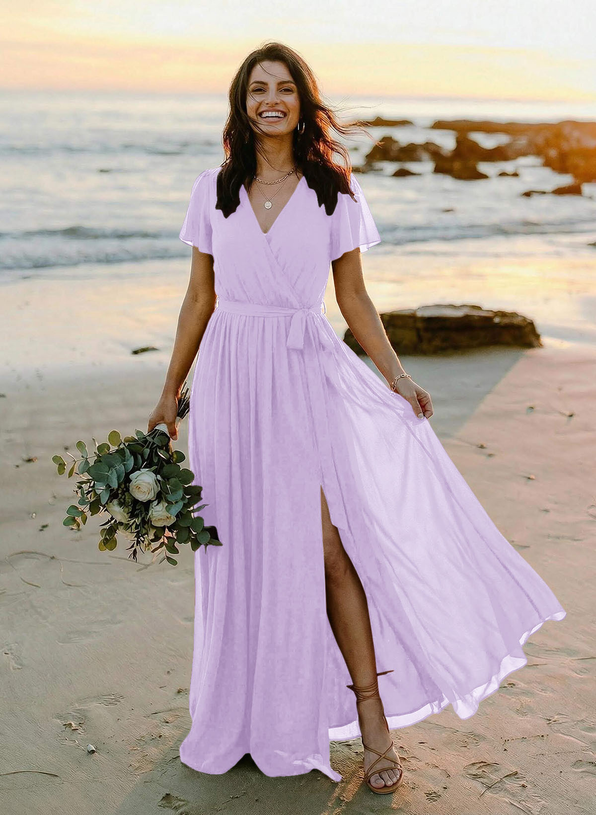 A-Line V-Neck Short Sleeves Chiffon Floor-Length Bridesmaid Dresses With Bow(s), product image 62