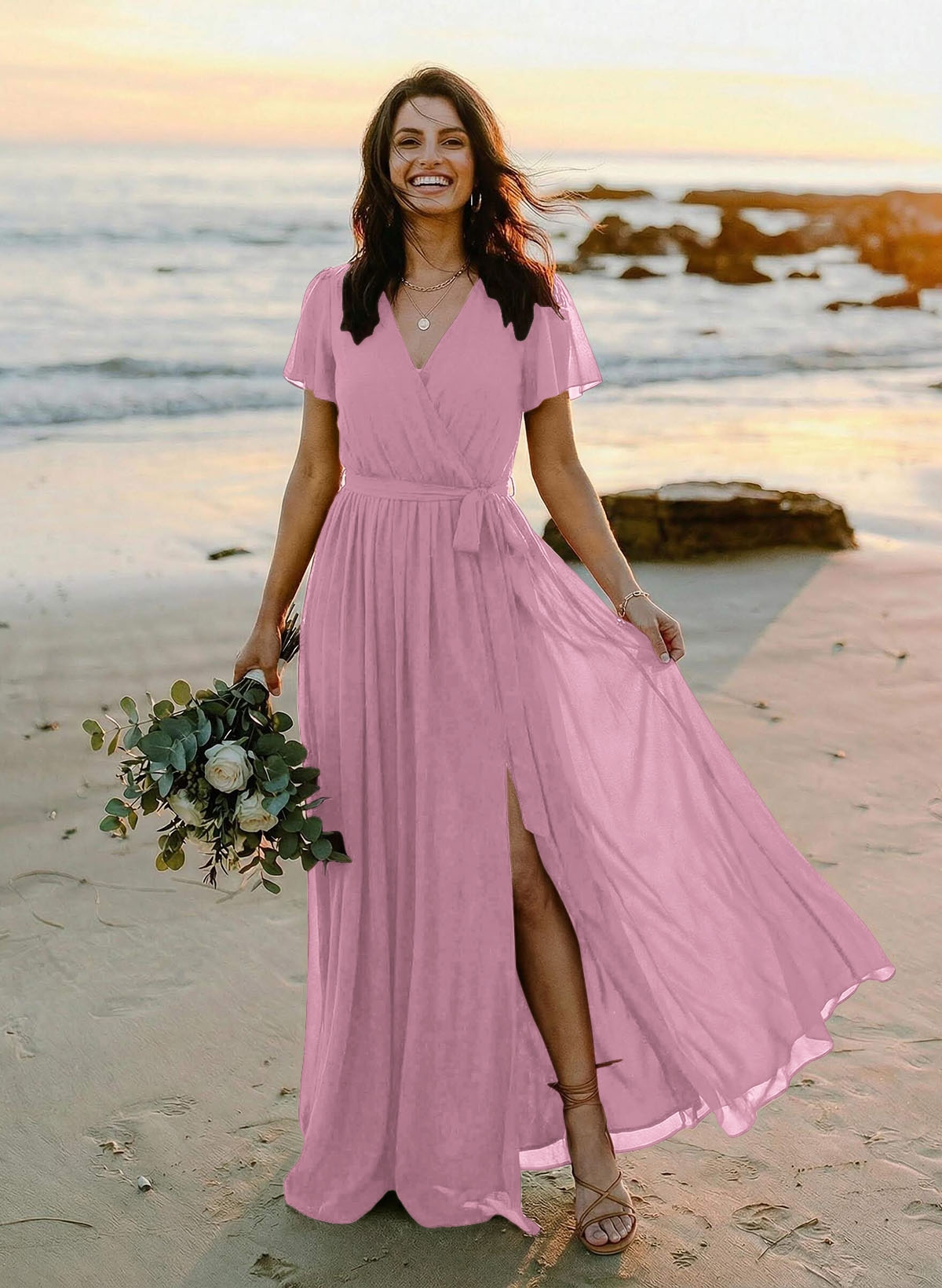 A-Line V-Neck Short Sleeves Chiffon Floor-Length Bridesmaid Dresses With Bow(s), product image 60