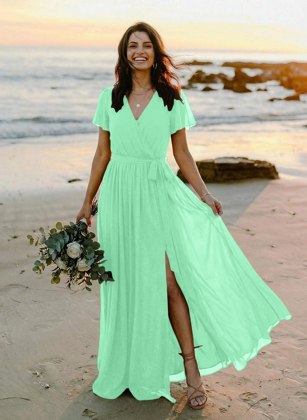 A-Line V-Neck Short Sleeves Chiffon Floor-Length Bridesmaid Dresses With Bow(s), product image 92
