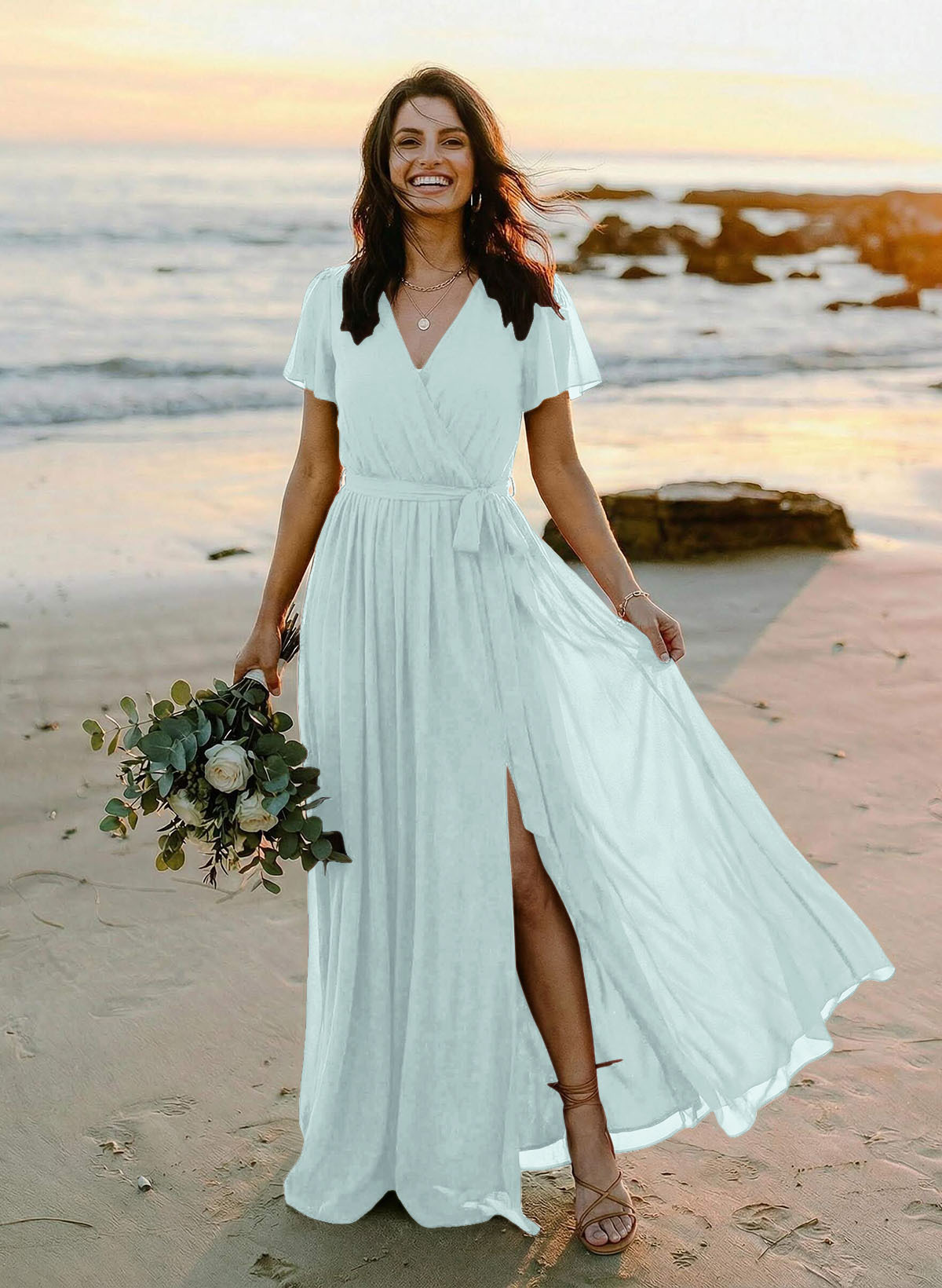 A-Line V-Neck Short Sleeves Chiffon Floor-Length Bridesmaid Dresses With Bow(s), product image 26