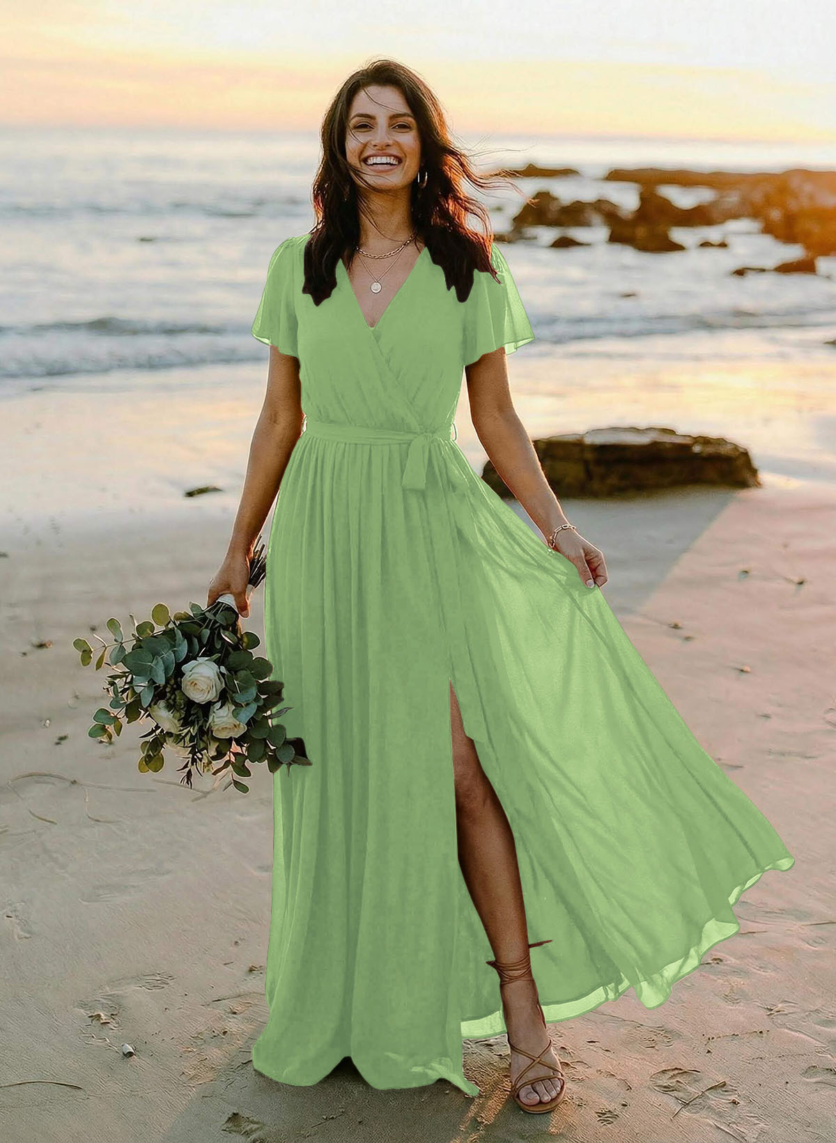 A-Line V-Neck Short Sleeves Chiffon Floor-Length Bridesmaid Dresses With Bow(s), product image 132