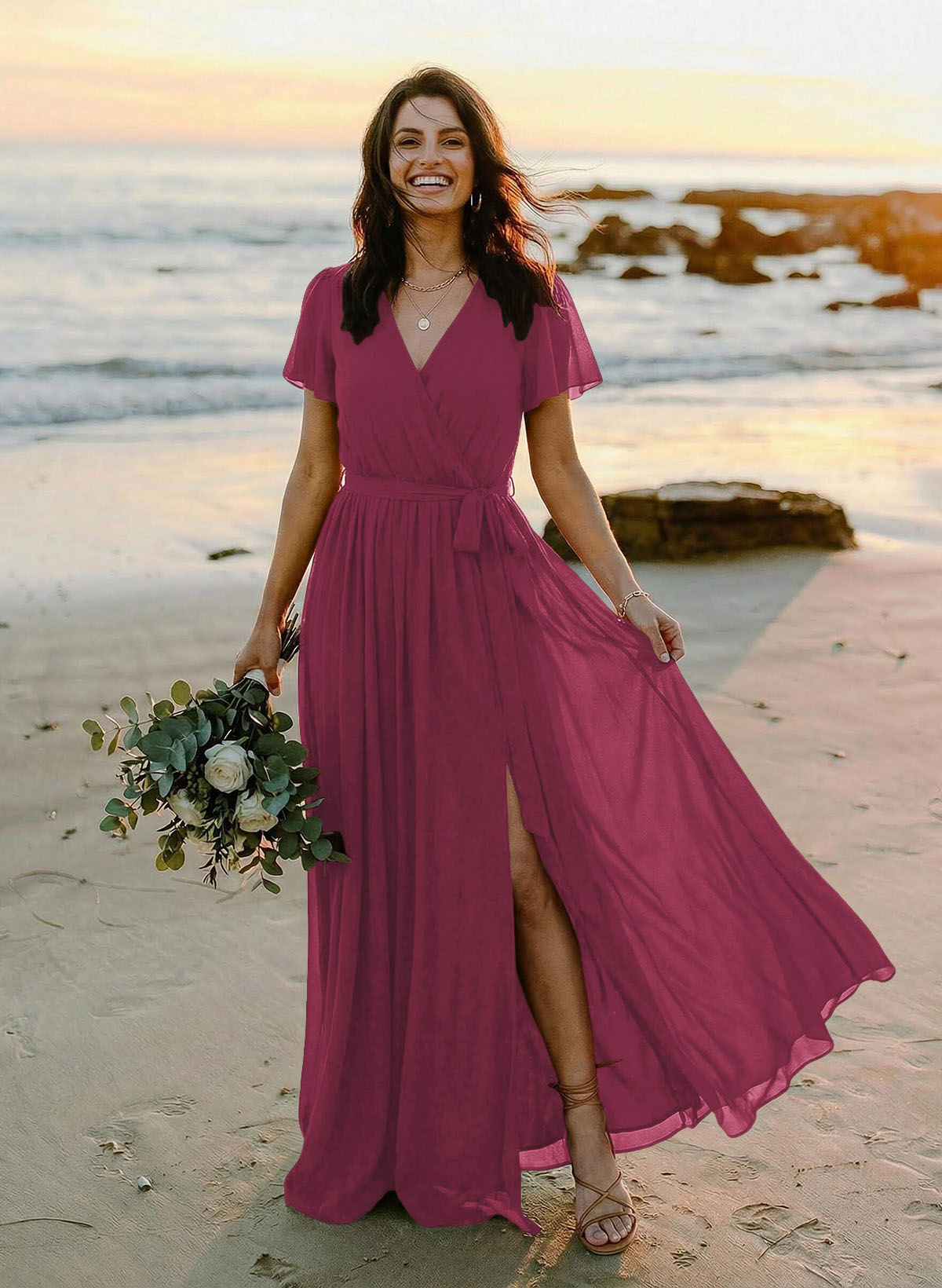 A-Line V-Neck Short Sleeves Chiffon Floor-Length Bridesmaid Dresses With Bow(s), product image 32