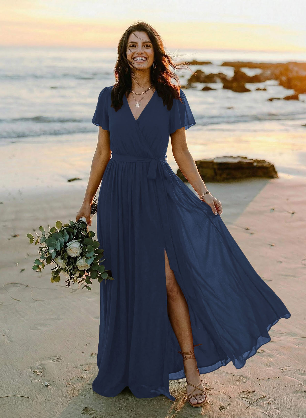 A-Line V-Neck Short Sleeves Chiffon Floor-Length Bridesmaid Dresses With Bow(s), product image 6