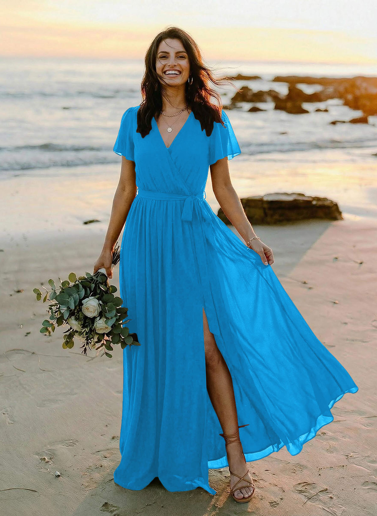 A-Line V-Neck Short Sleeves Chiffon Floor-Length Bridesmaid Dresses With Bow(s), product image 18