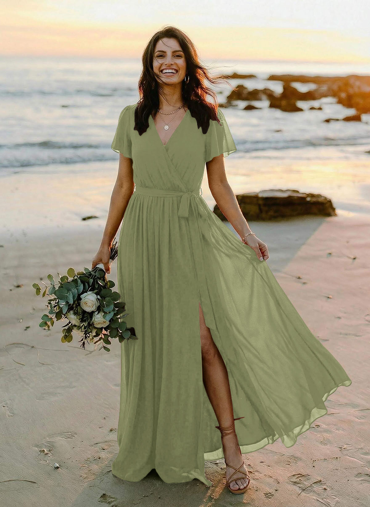 A-Line V-Neck Short Sleeves Chiffon Floor-Length Bridesmaid Dresses With Bow(s), product image 120