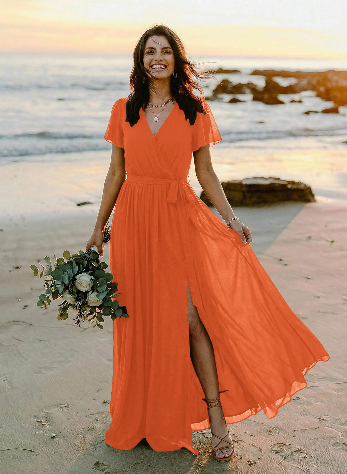 A-Line V-Neck Short Sleeves Chiffon Floor-Length Bridesmaid Dresses With Bow(s), product image 104