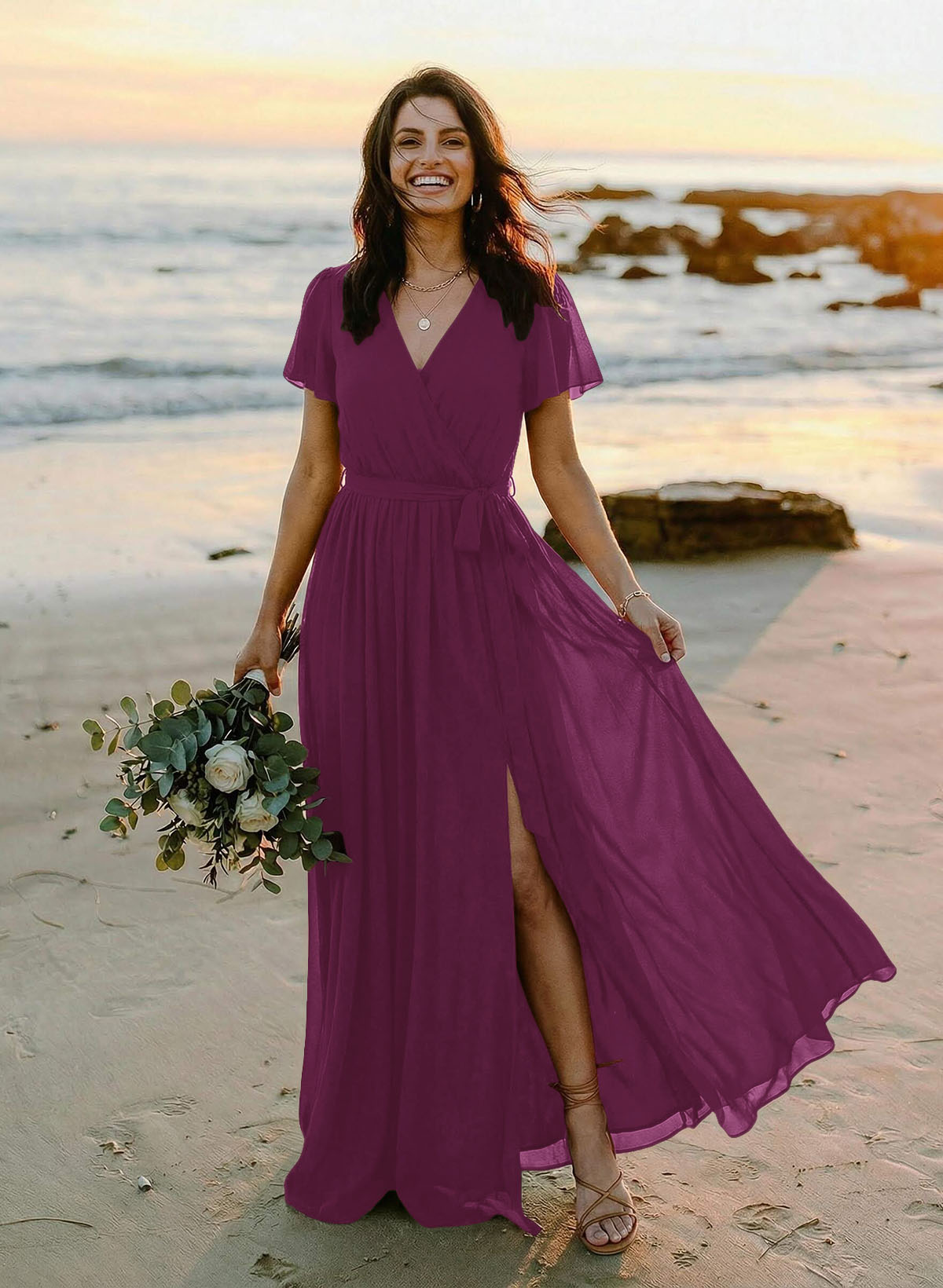 A-Line V-Neck Short Sleeves Chiffon Floor-Length Bridesmaid Dresses With Bow(s), product image 72