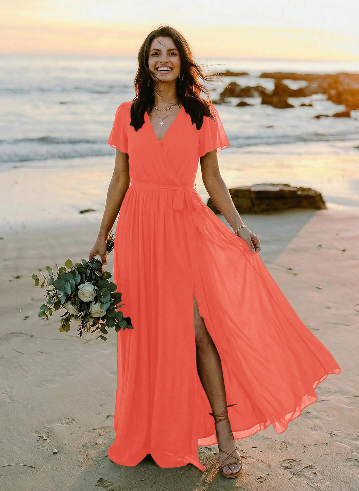 A-Line V-Neck Short Sleeves Chiffon Floor-Length Bridesmaid Dresses With Bow(s), product image 106