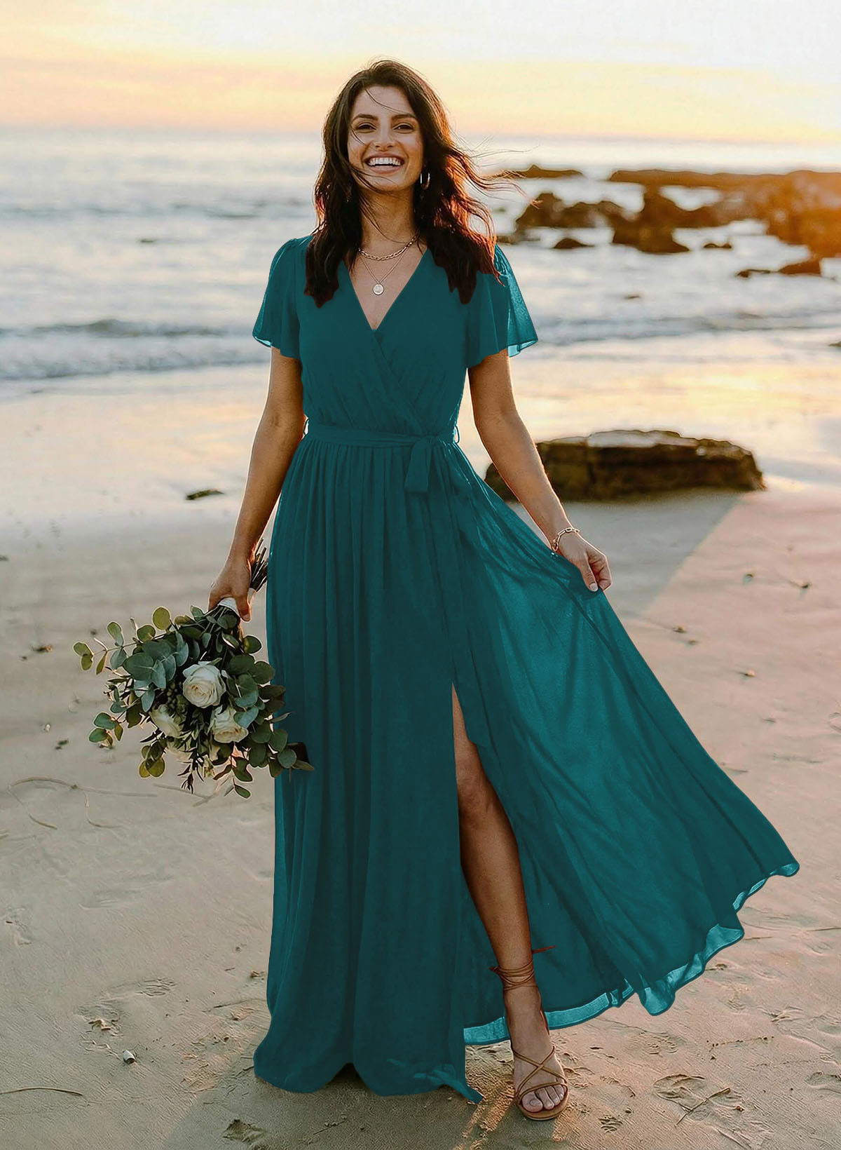 A-Line V-Neck Short Sleeves Chiffon Floor-Length Bridesmaid Dresses With Bow(s), product image 84