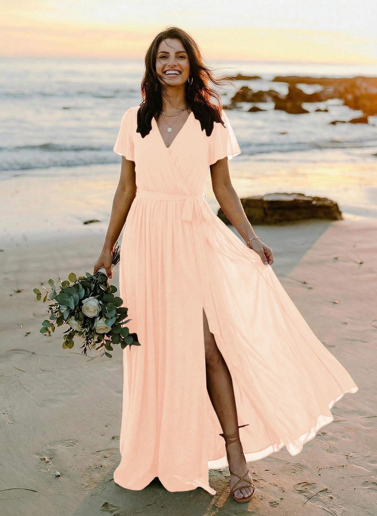 A-Line V-Neck Short Sleeves Chiffon Floor-Length Bridesmaid Dresses With Bow(s), product image 42