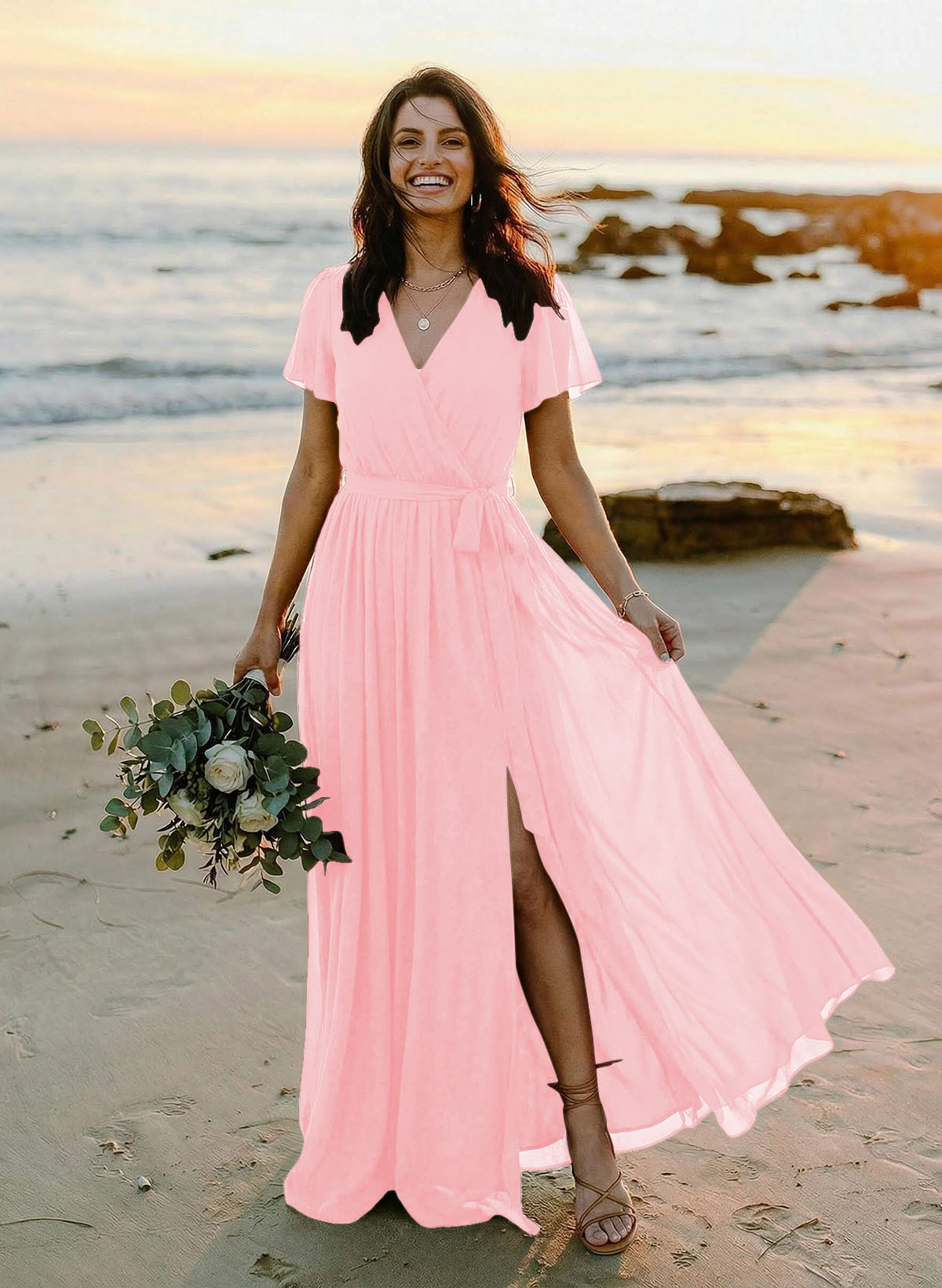 A-Line V-Neck Short Sleeves Chiffon Floor-Length Bridesmaid Dresses With Bow(s), product image 46