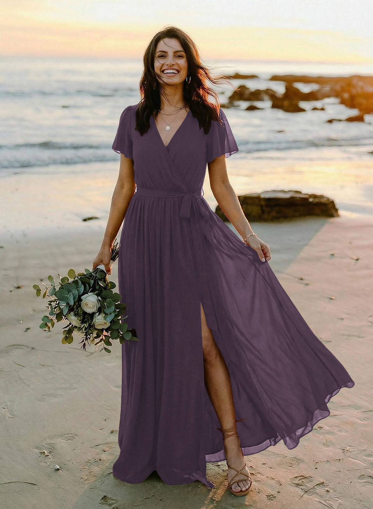 A-Line V-Neck Short Sleeves Chiffon Floor-Length Bridesmaid Dresses With Bow(s), product image 68