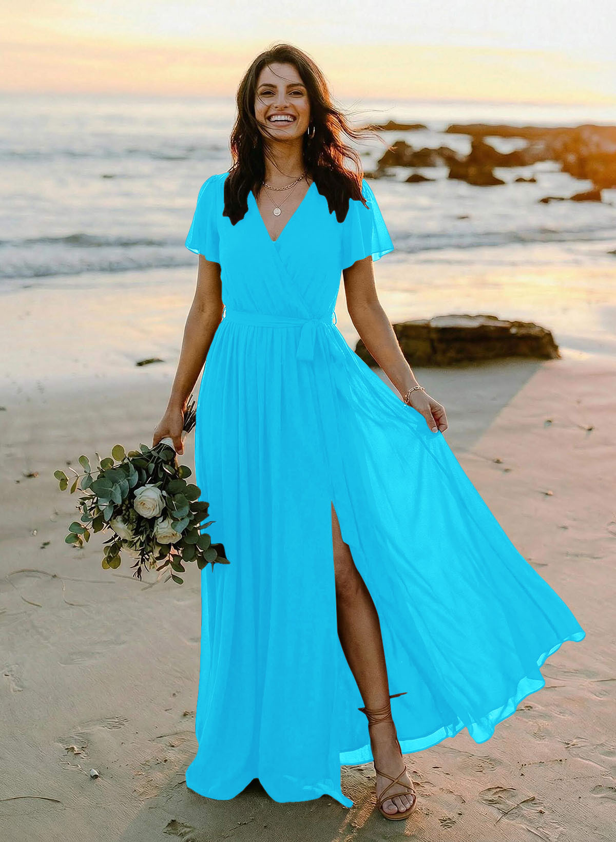 A-Line V-Neck Short Sleeves Chiffon Floor-Length Bridesmaid Dresses With Bow(s), product image 20