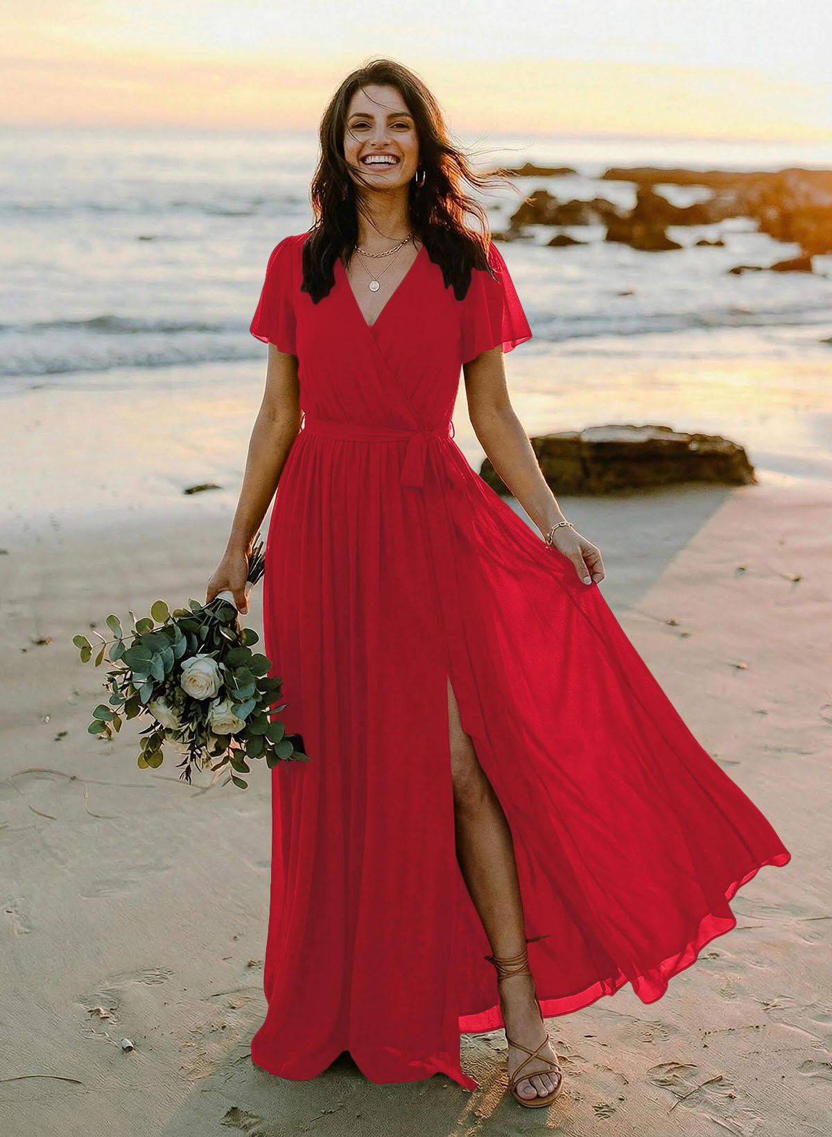 A-Line V-Neck Short Sleeves Chiffon Floor-Length Bridesmaid Dresses With Bow(s), product image 34