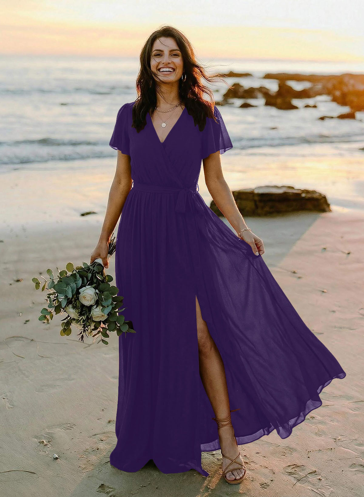 A-Line V-Neck Short Sleeves Chiffon Floor-Length Bridesmaid Dresses With Bow(s), product image 78