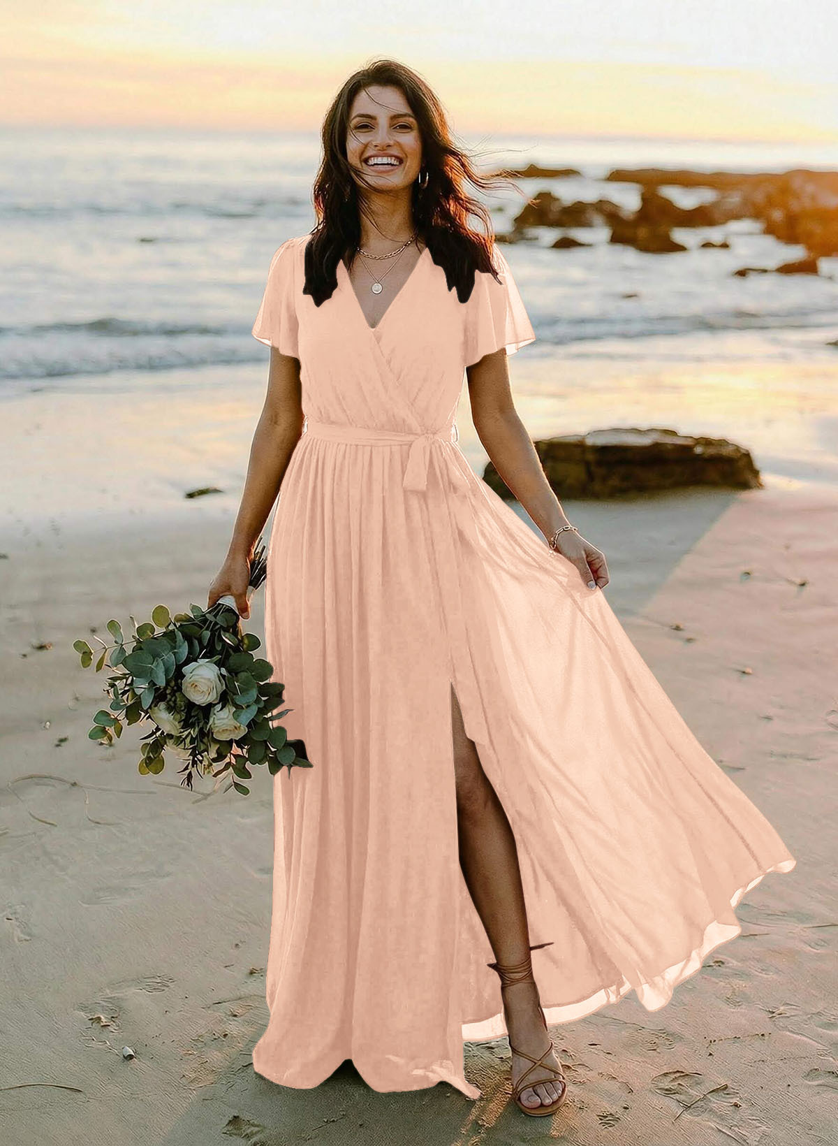 A-Line V-Neck Short Sleeves Chiffon Floor-Length Bridesmaid Dresses With Bow(s), product image 126