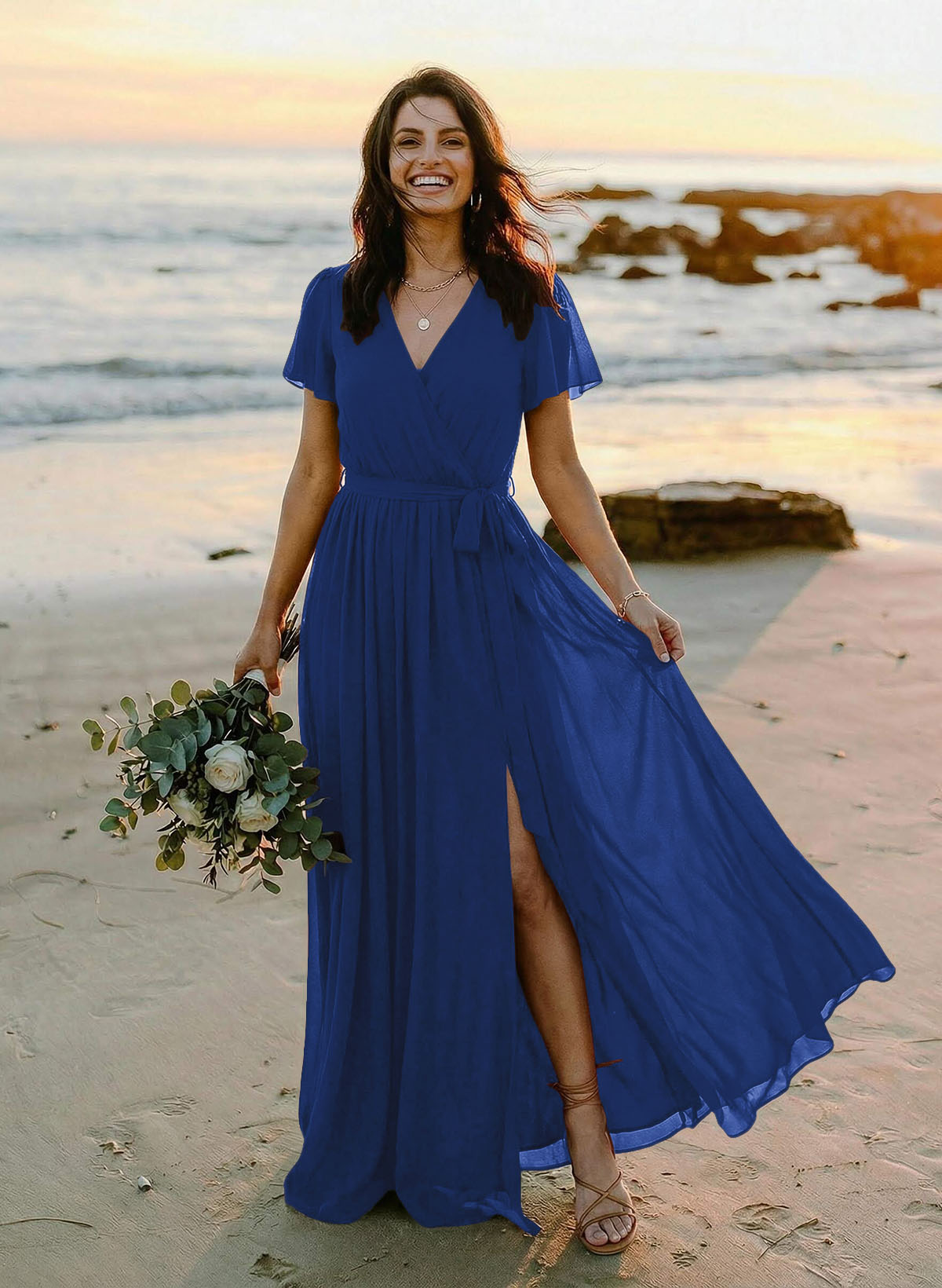 A-Line V-Neck Short Sleeves Chiffon Floor-Length Bridesmaid Dresses With Bow(s), product image 16