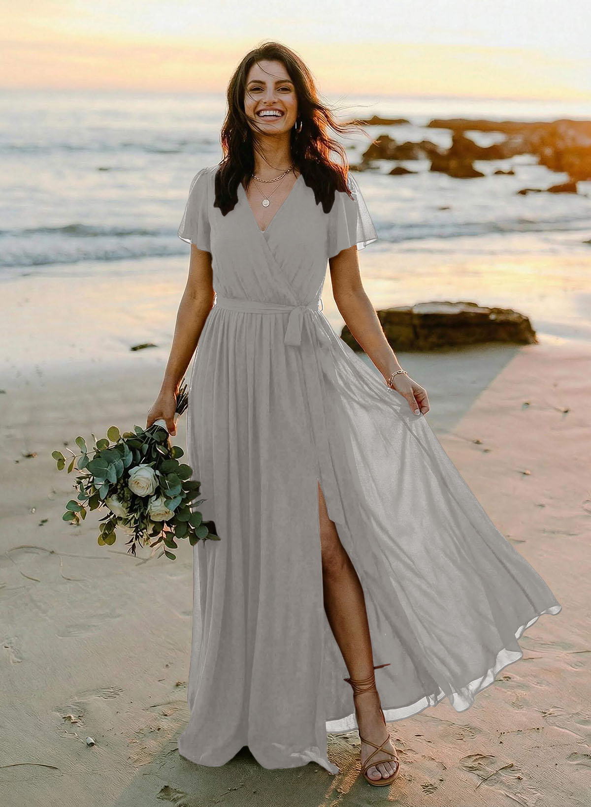 A-Line V-Neck Short Sleeves Chiffon Floor-Length Bridesmaid Dresses With Bow(s), product image 114