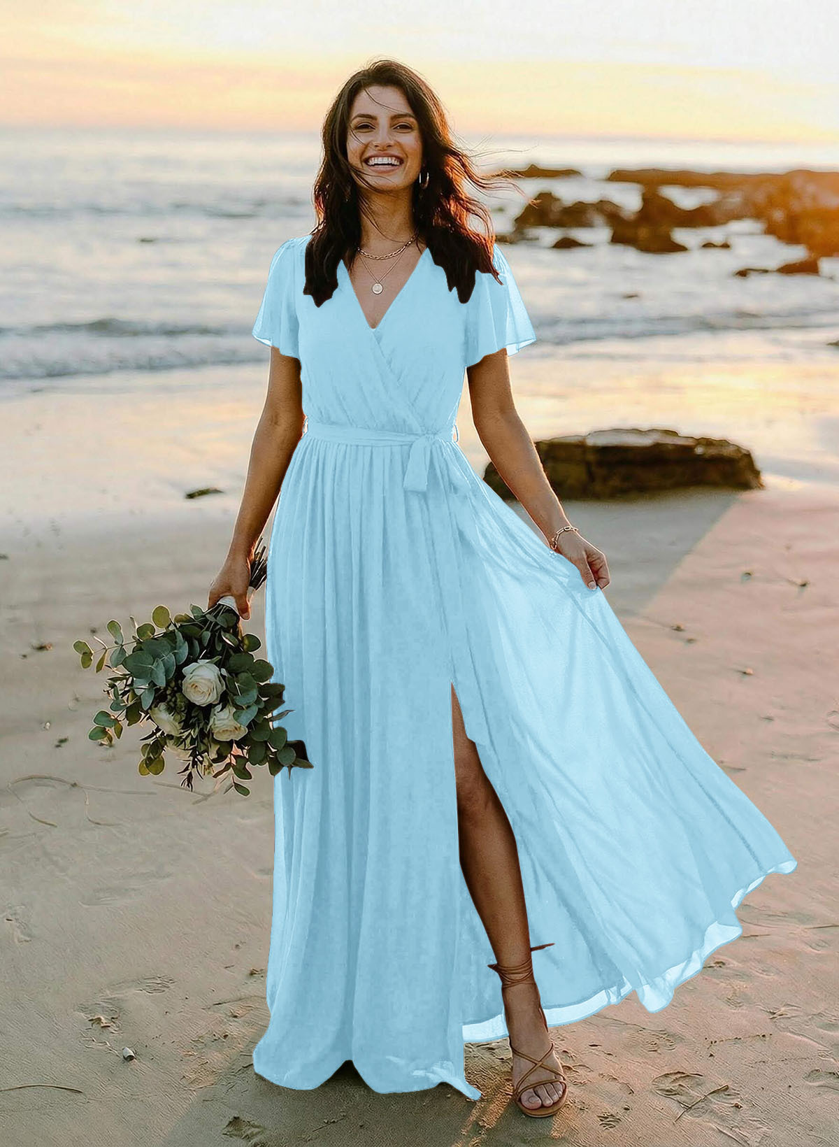 A-Line V-Neck Short Sleeves Chiffon Floor-Length Bridesmaid Dresses With Bow(s), product image 24