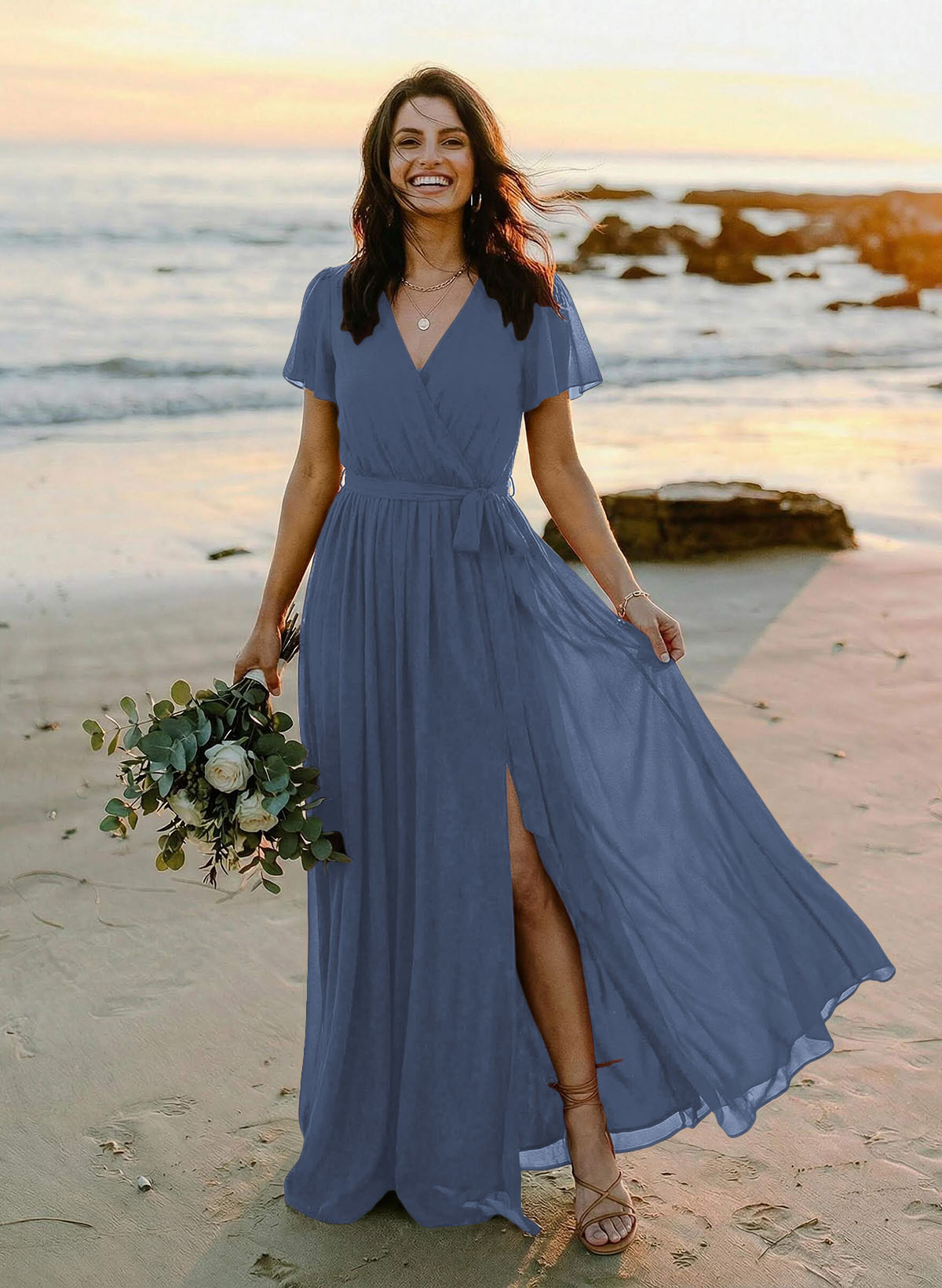 A-Line V-Neck Short Sleeves Chiffon Floor-Length Bridesmaid Dresses With Bow(s), product image 10