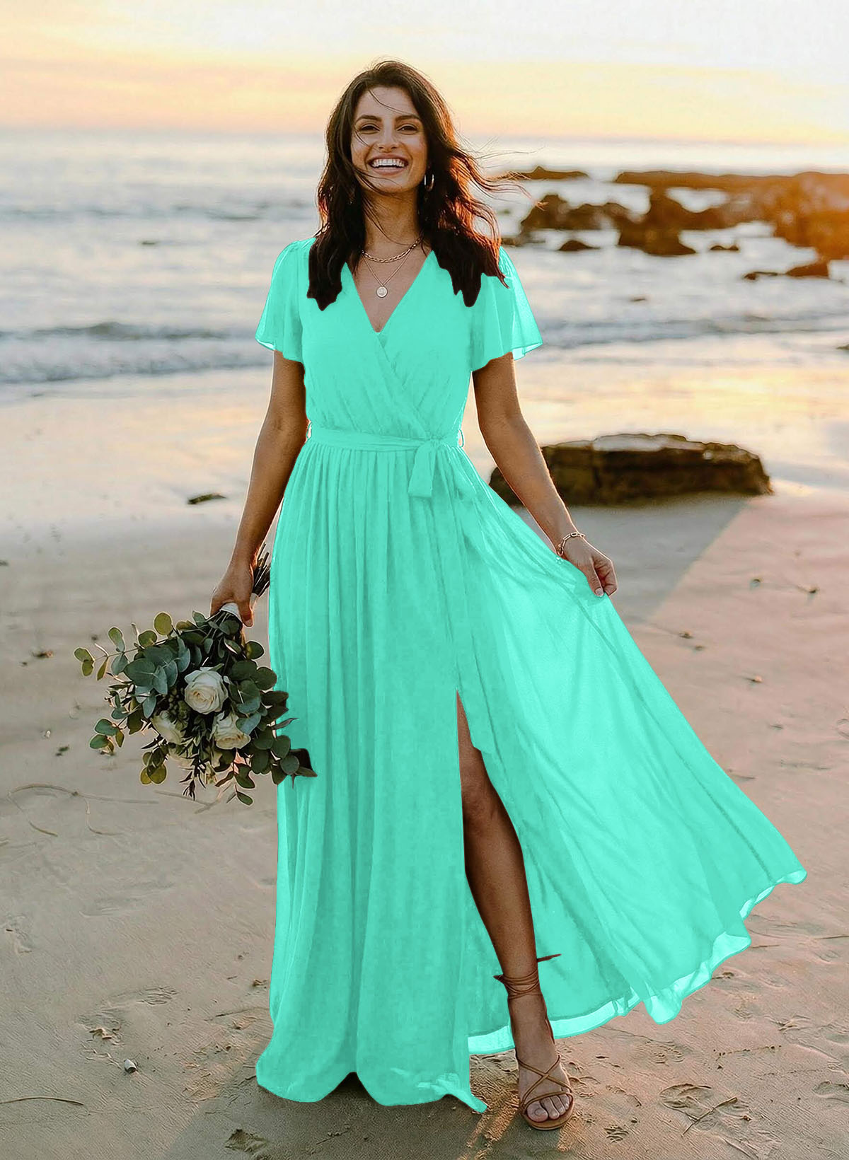 A-Line V-Neck Short Sleeves Chiffon Floor-Length Bridesmaid Dresses With Bow(s), product image 94