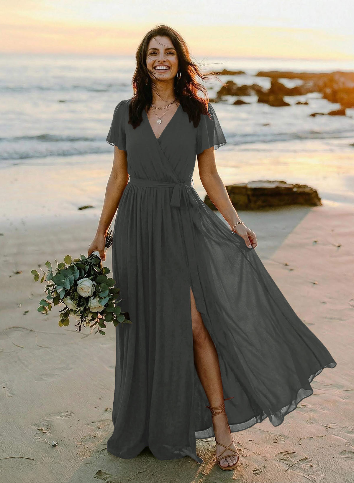 A-Line V-Neck Short Sleeves Chiffon Floor-Length Bridesmaid Dresses With Bow(s), product image 116