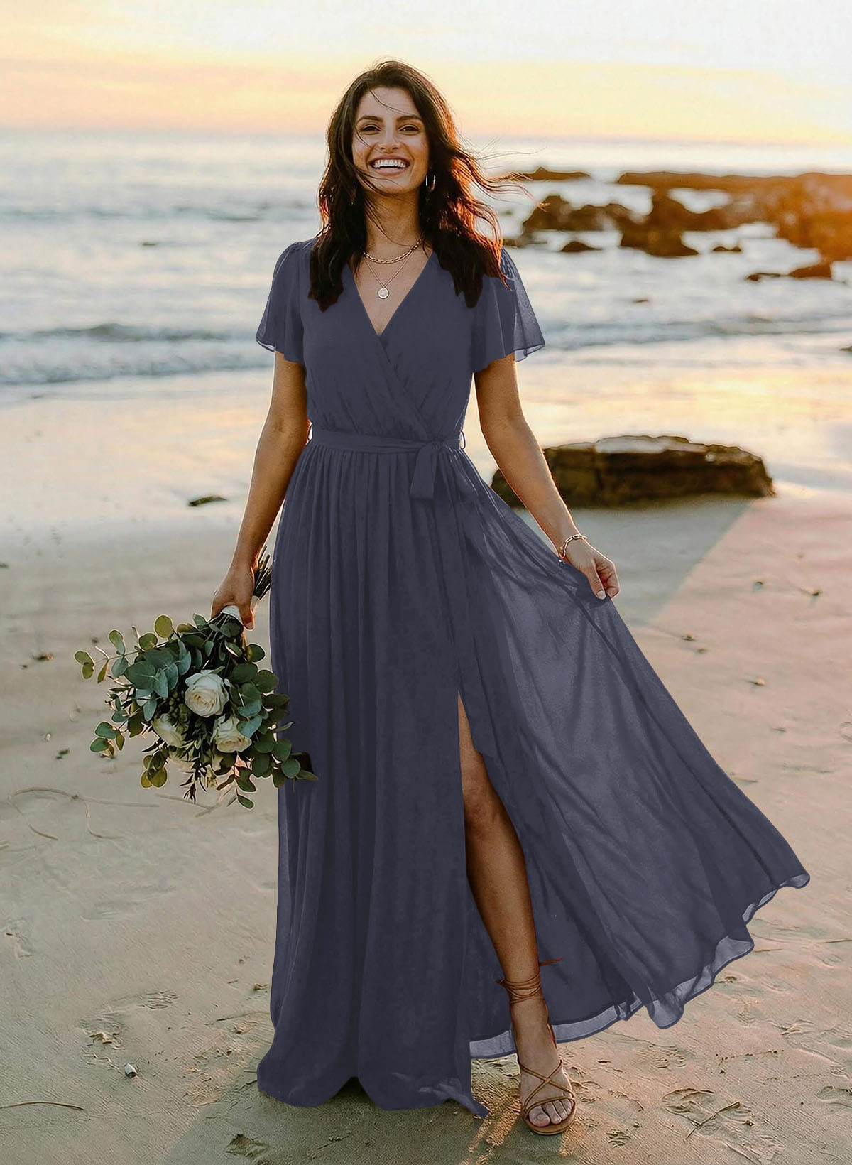 A-Line V-Neck Short Sleeves Chiffon Floor-Length Bridesmaid Dresses With Bow(s), product image 12