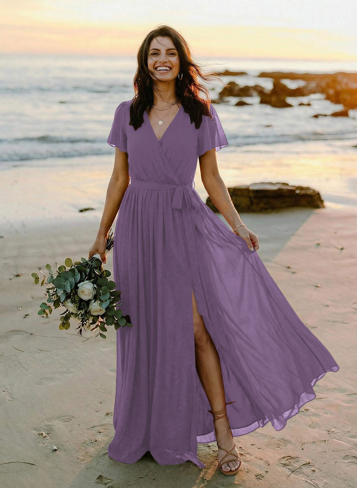 A-Line V-Neck Short Sleeves Chiffon Floor-Length Bridesmaid Dresses With Bow(s), product image 66