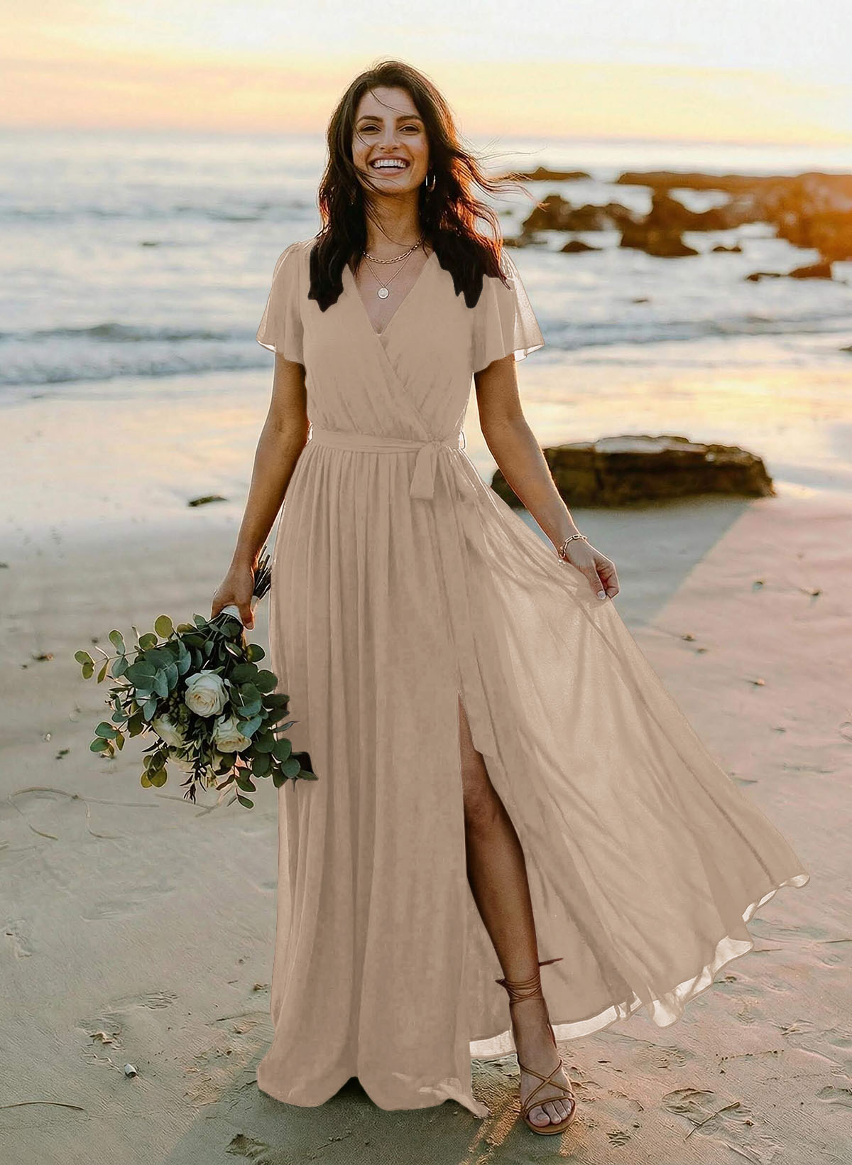 A-Line V-Neck Short Sleeves Chiffon Floor-Length Bridesmaid Dresses With Bow(s), product image 98