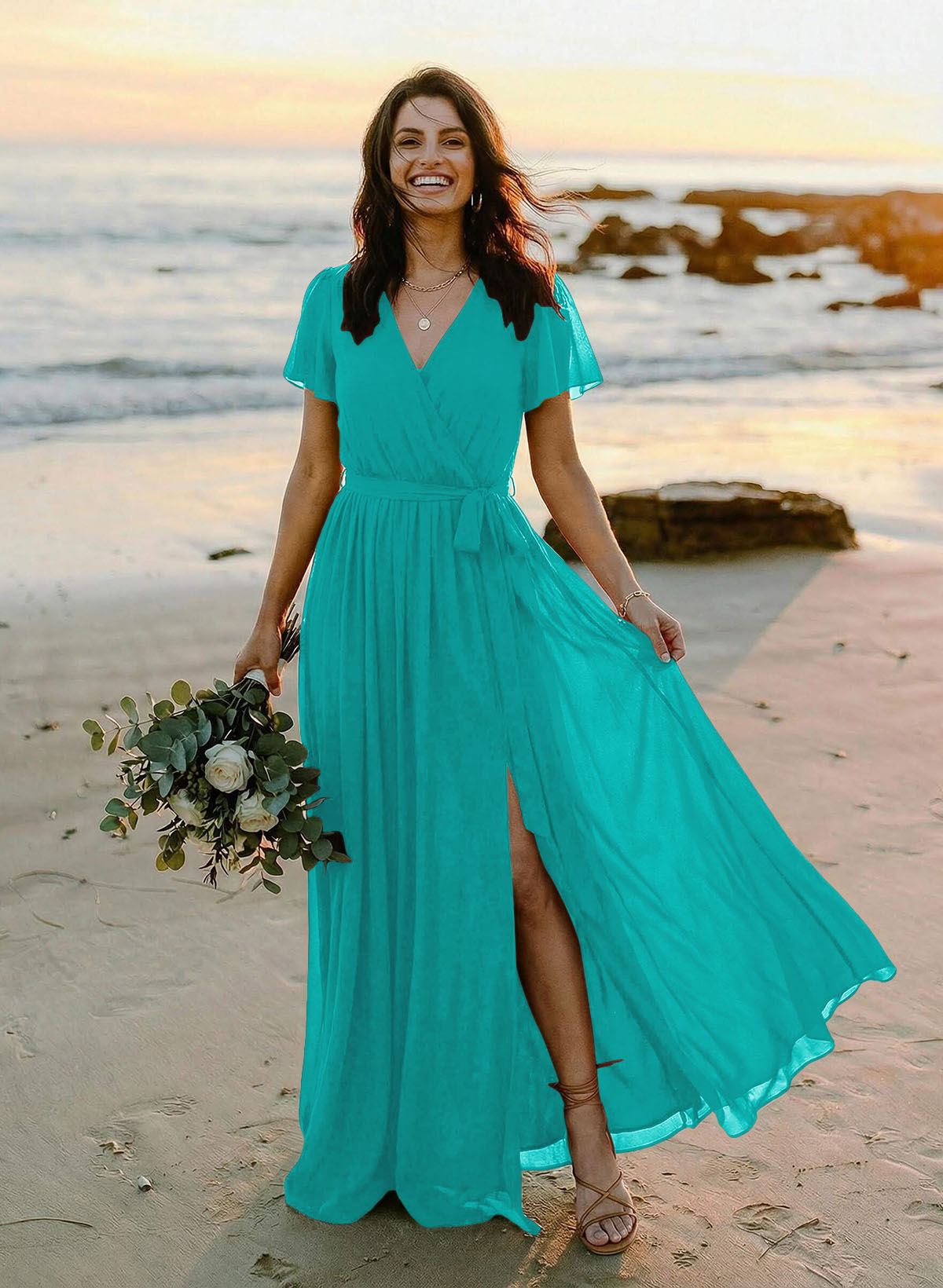 A-Line V-Neck Short Sleeves Chiffon Floor-Length Bridesmaid Dresses With Bow(s), product image 136