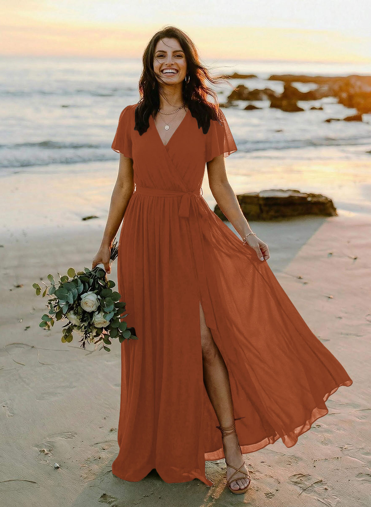 A-Line V-Neck Short Sleeves Chiffon Floor-Length Bridesmaid Dresses With Bow(s), product image 134