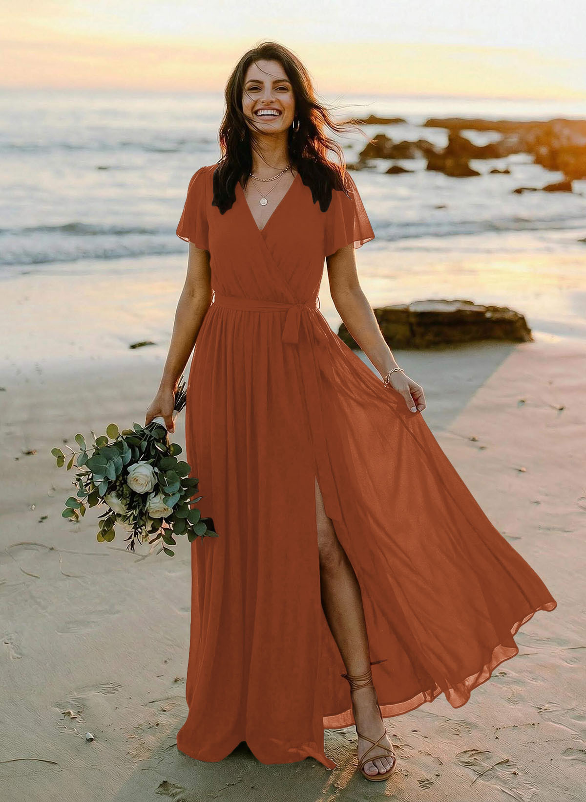 A-Line V-Neck Short Sleeves Chiffon Floor-Length Bridesmaid Dresses With Bow(s), product image 134