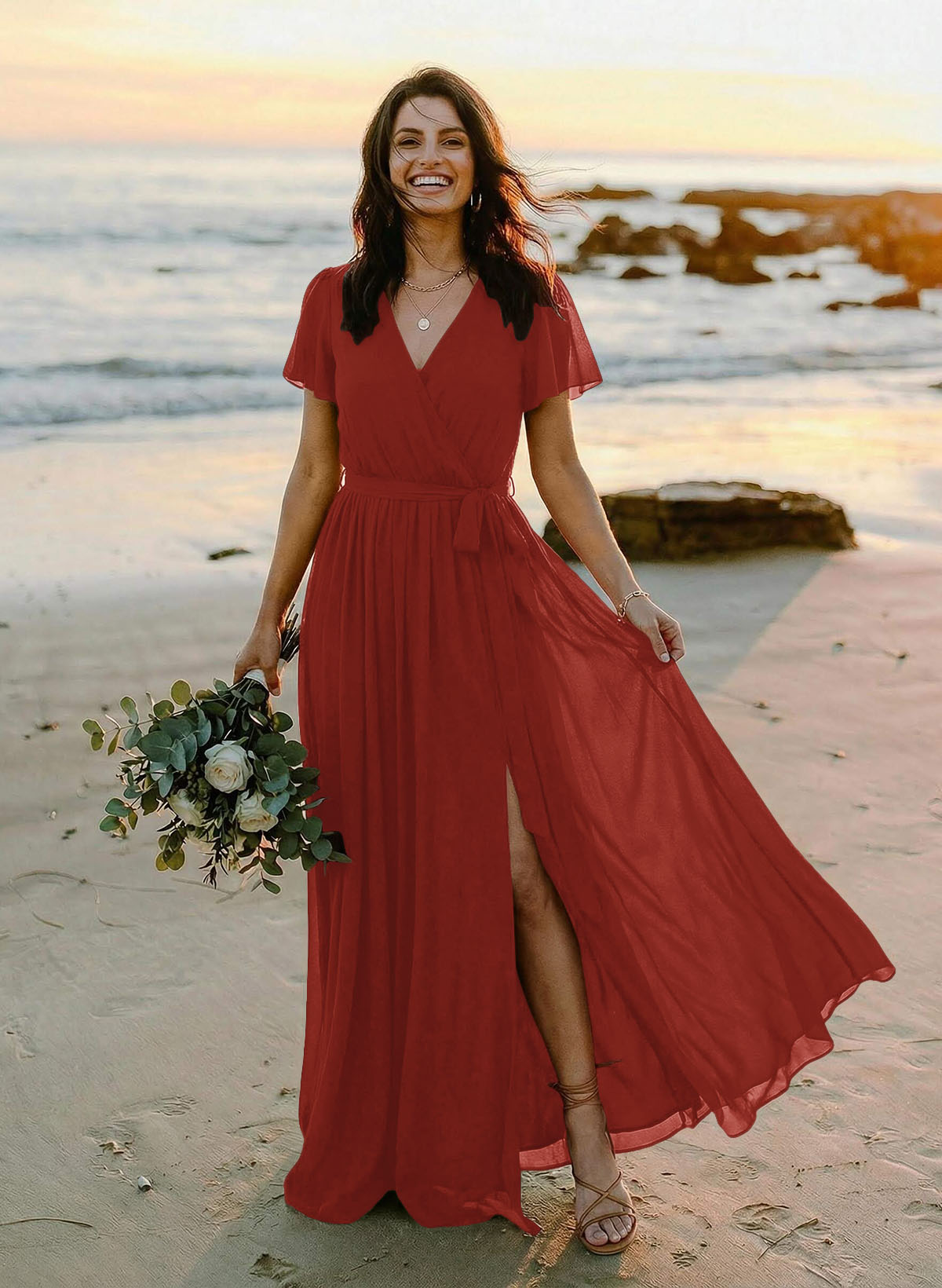 A-Line V-Neck Short Sleeves Chiffon Floor-Length Bridesmaid Dresses With Bow(s), product image 36