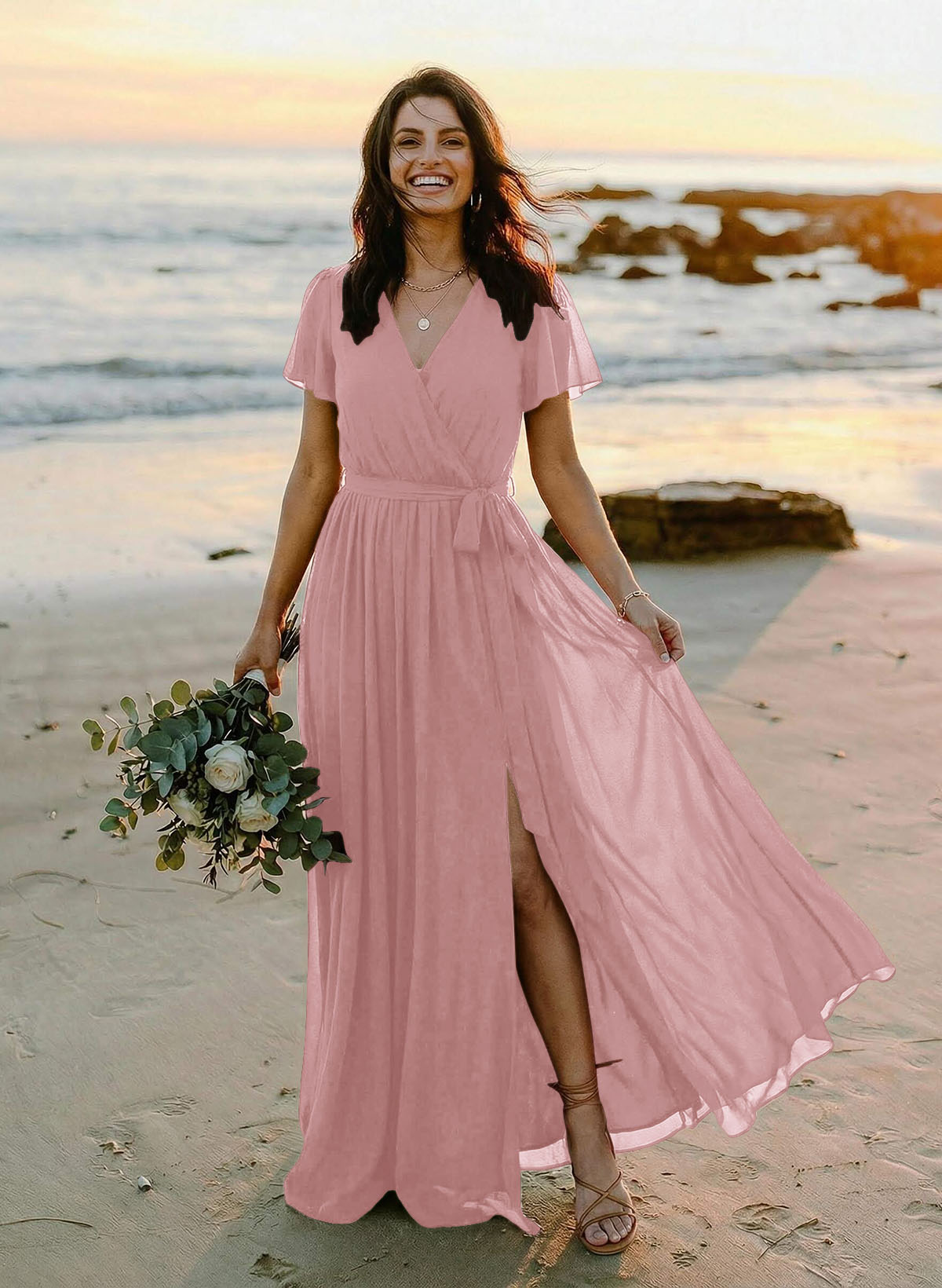 A-Line V-Neck Short Sleeves Chiffon Floor-Length Bridesmaid Dresses With Bow(s), product image 58