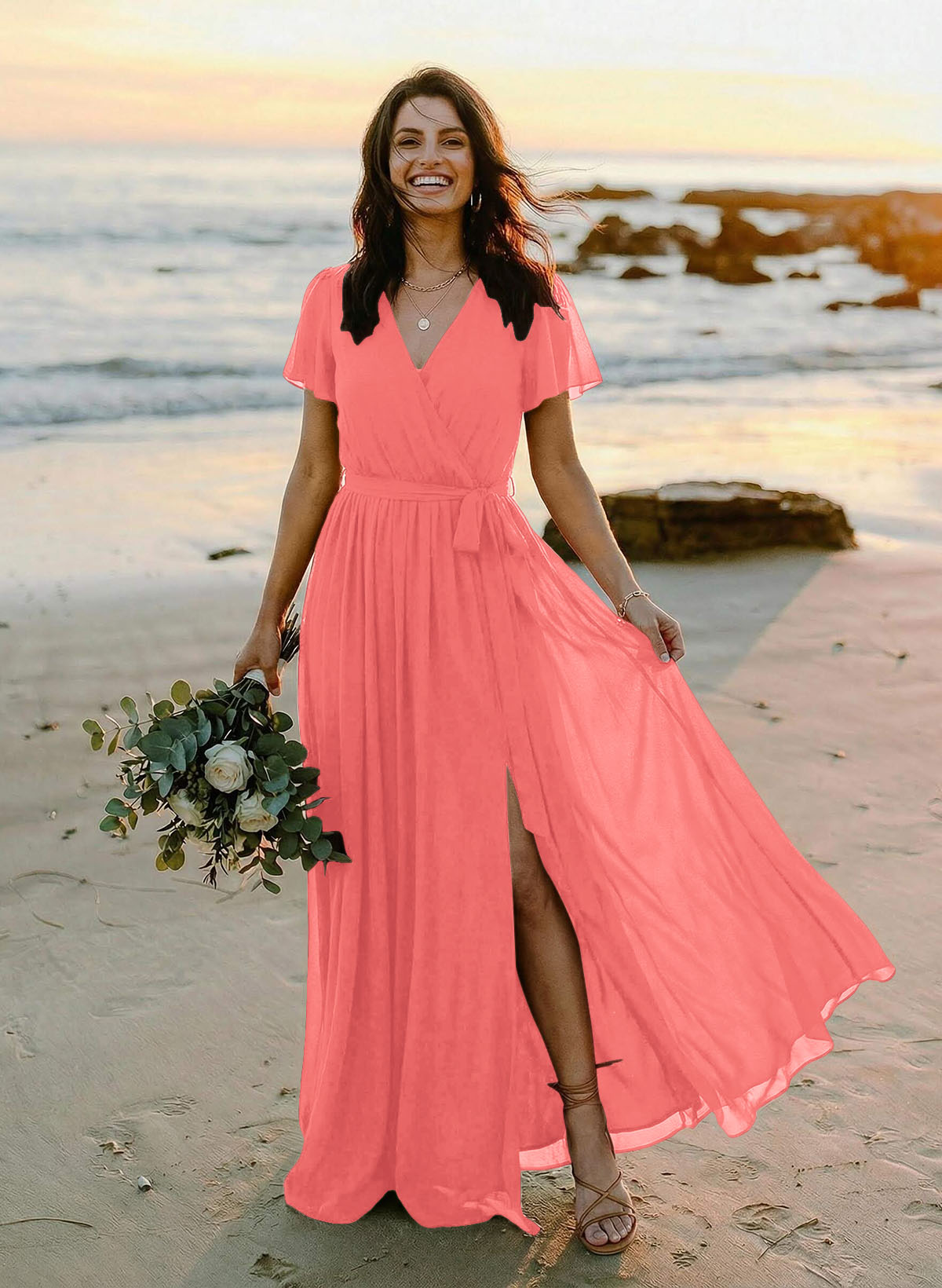 A-Line V-Neck Short Sleeves Chiffon Floor-Length Bridesmaid Dresses With Bow(s), product image 38