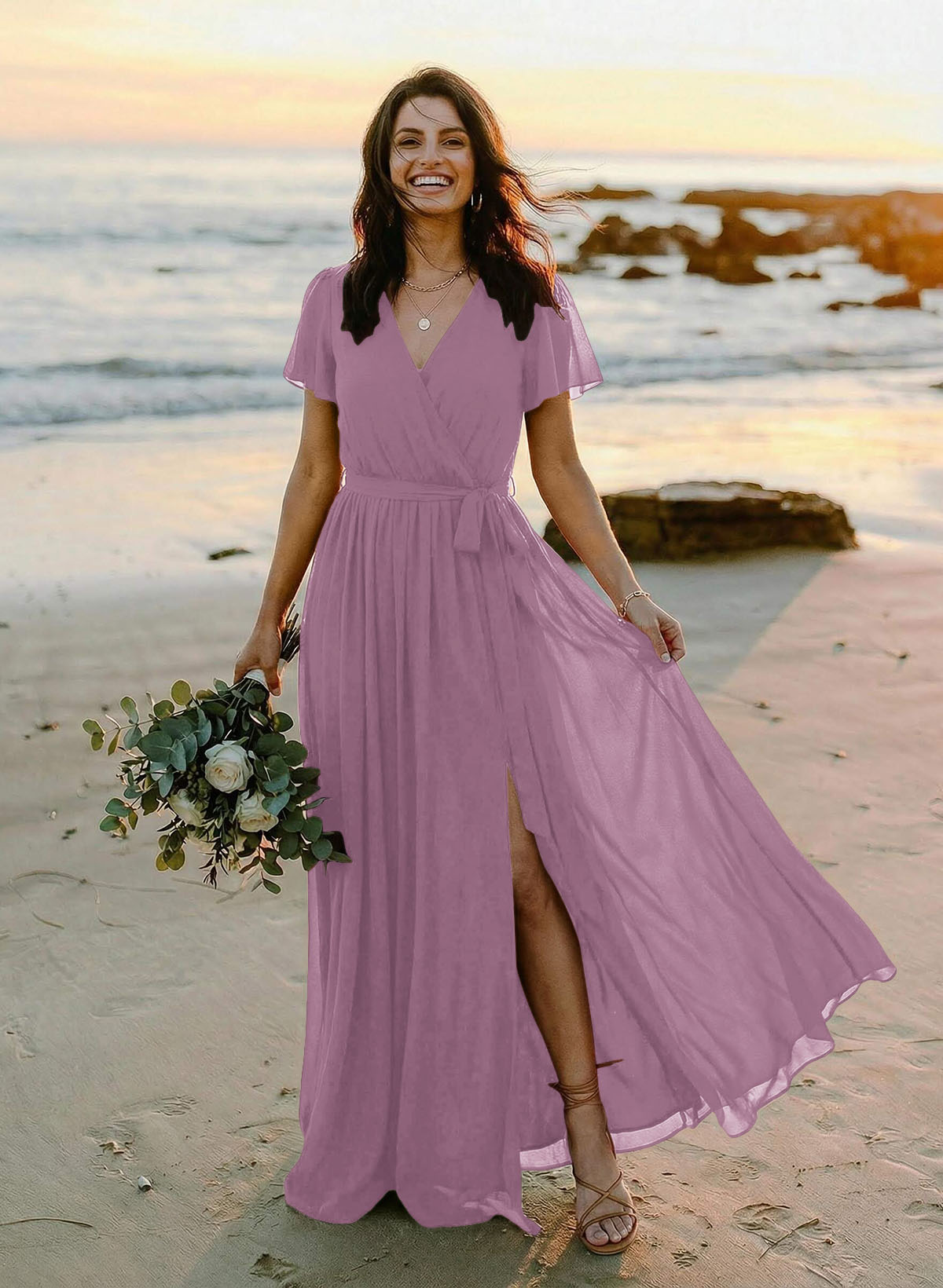 A-Line V-Neck Short Sleeves Chiffon Floor-Length Bridesmaid Dresses With Bow(s), product image 56