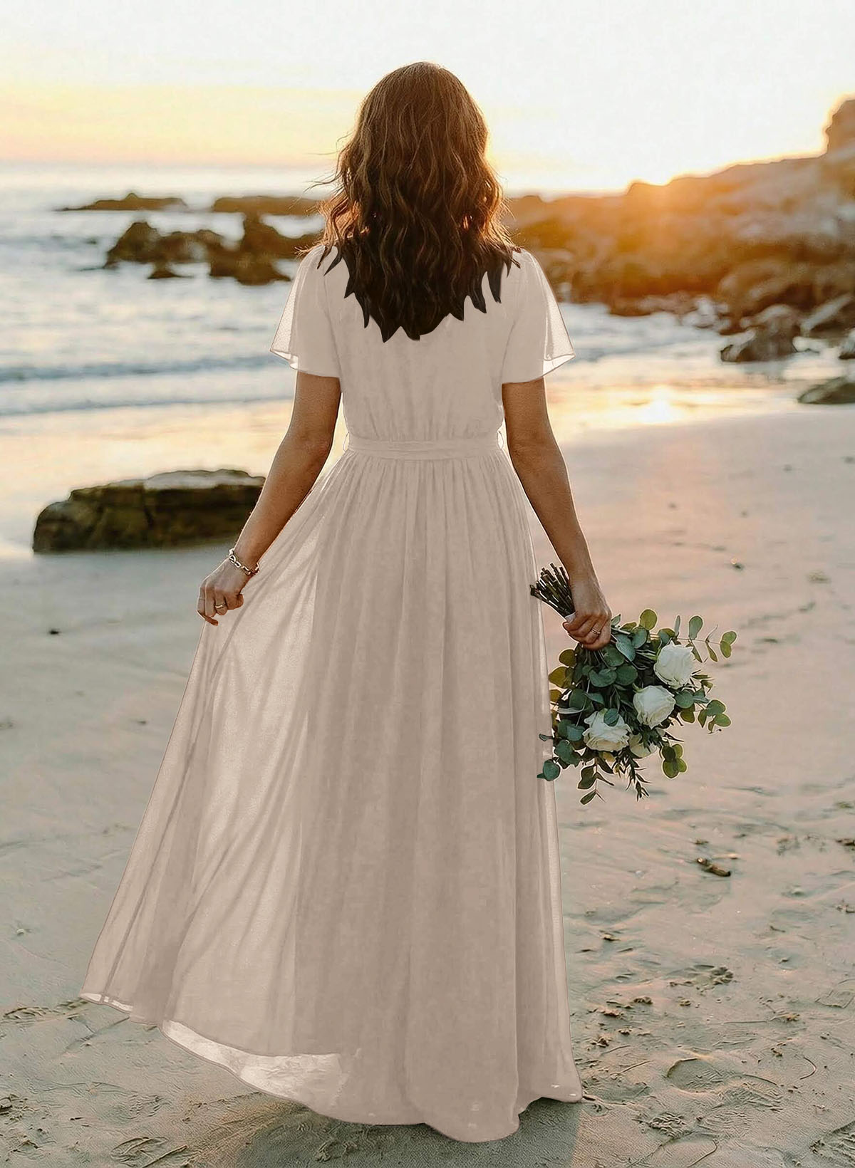 A-Line V-Neck Short Sleeves Chiffon Floor-Length Bridesmaid Dresses With Bow(s), product image 123