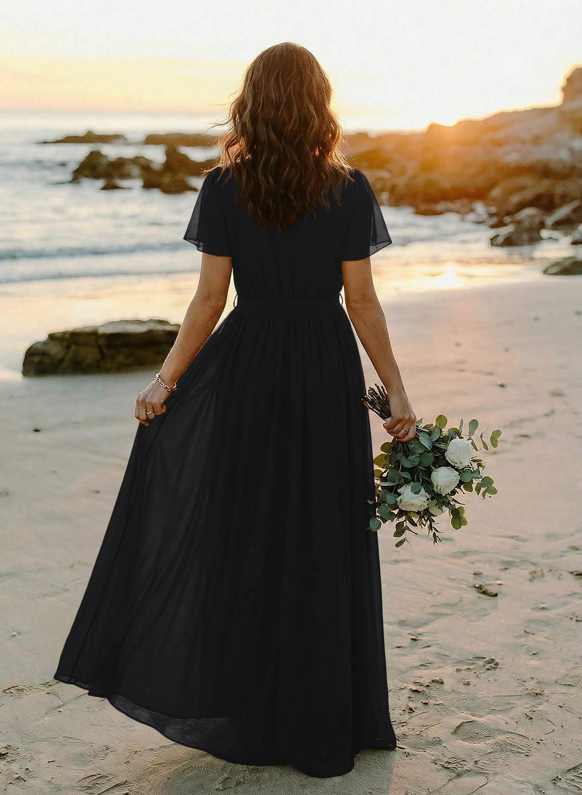 A-Line V-Neck Short Sleeves Chiffon Floor-Length Bridesmaid Dresses With Bow(s), product image 119
