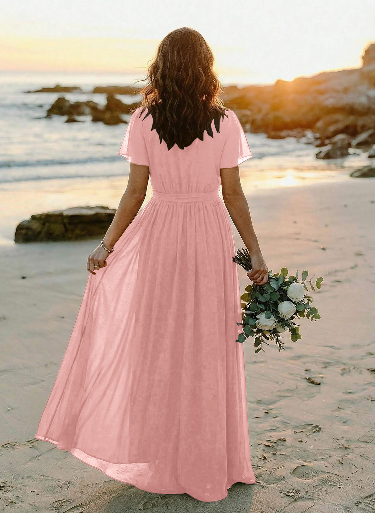 A-Line V-Neck Short Sleeves Chiffon Floor-Length Bridesmaid Dresses With Bow(s), product image 45