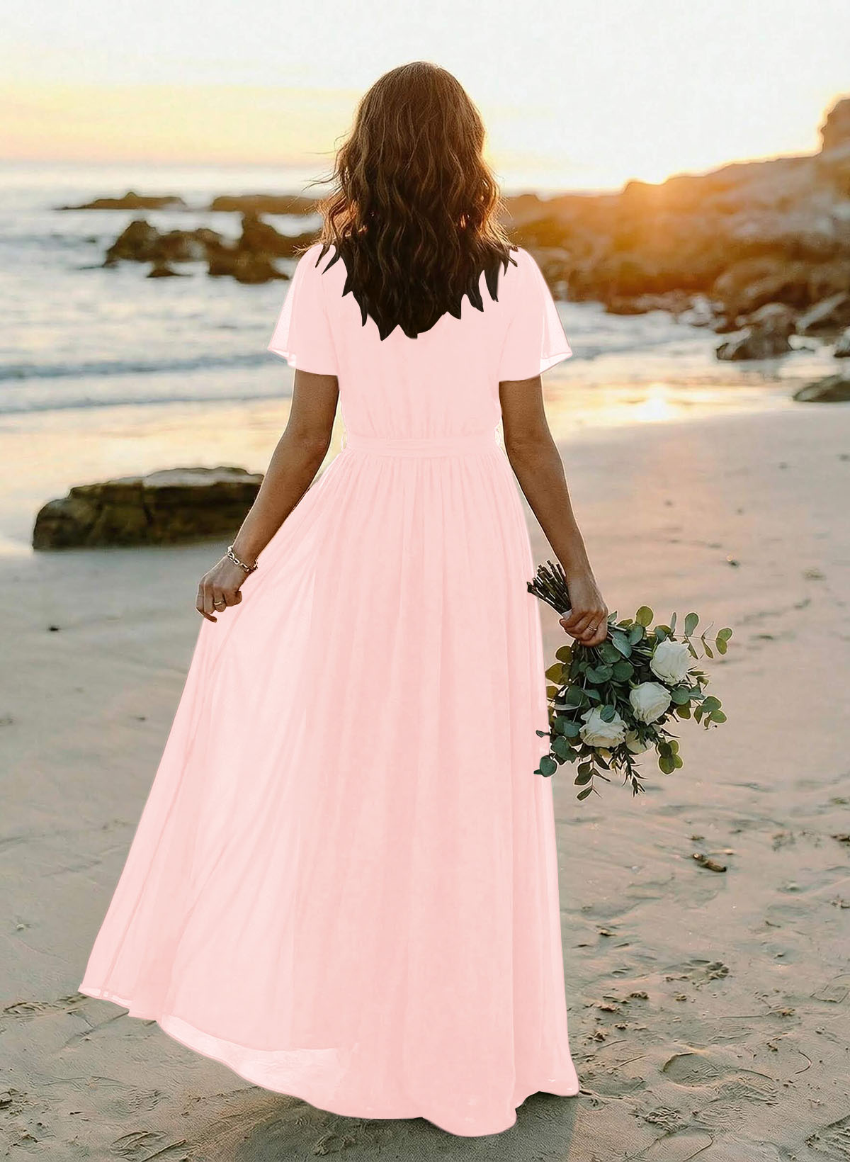 A-Line V-Neck Short Sleeves Chiffon Floor-Length Bridesmaid Dresses With Bow(s), product image 51