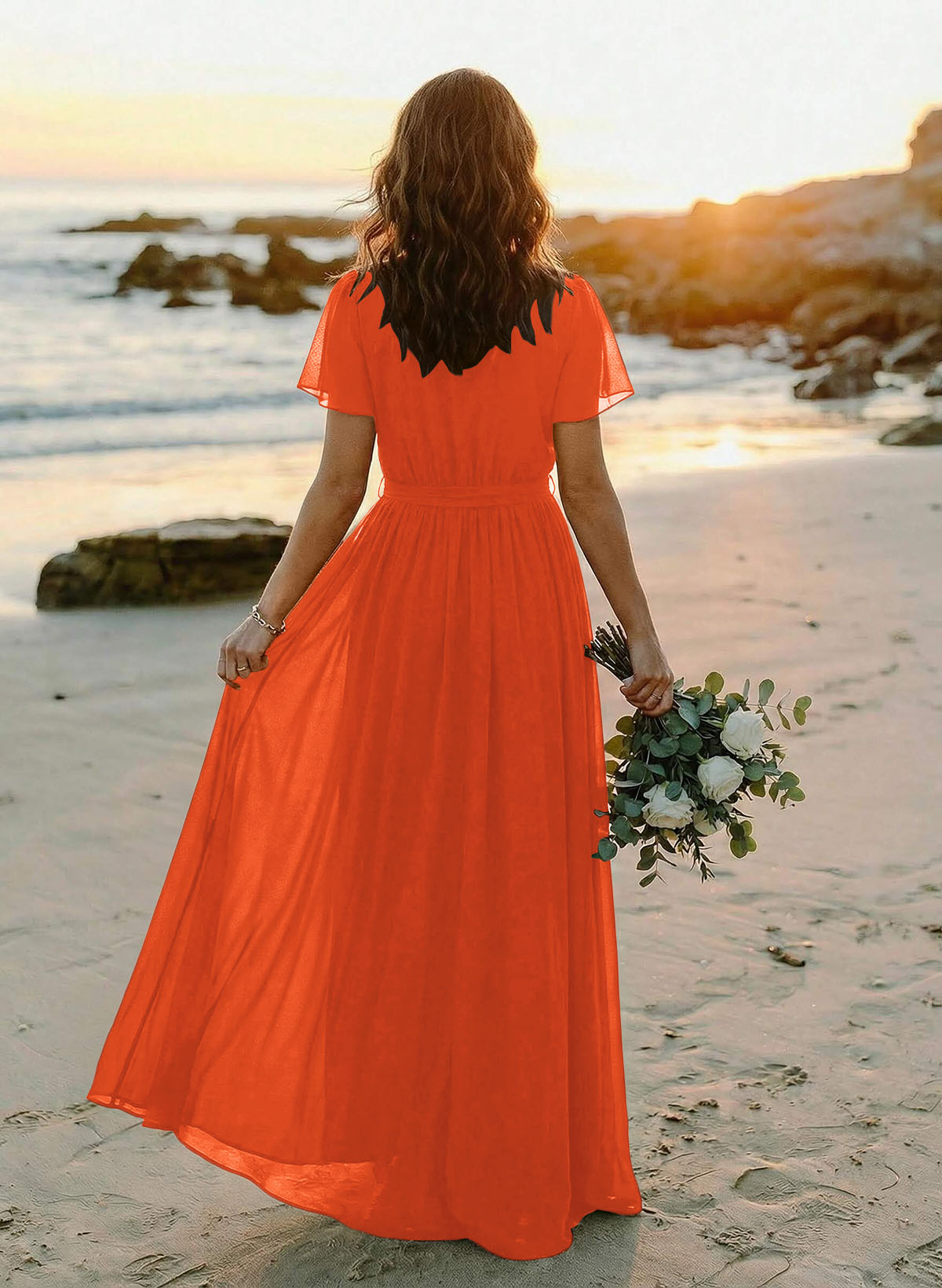A-Line V-Neck Short Sleeves Chiffon Floor-Length Bridesmaid Dresses With Bow(s), product image 125