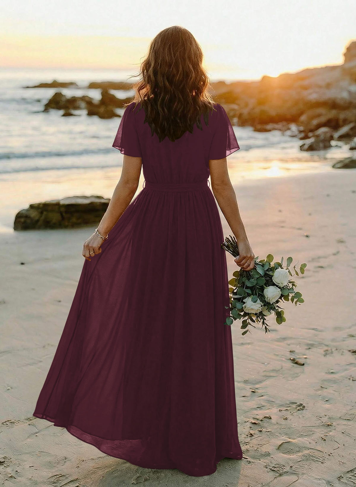A-Line V-Neck Short Sleeves Chiffon Floor-Length Bridesmaid Dresses With Bow(s), product image 29
